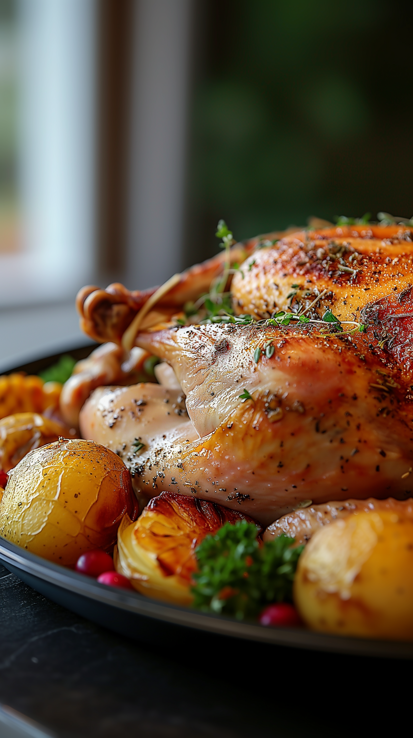A beautifully roasted turkey on a platter, surrounded by golden potatoes and garnished with herbs, capturing the essence of Thanksgiving celebrations.