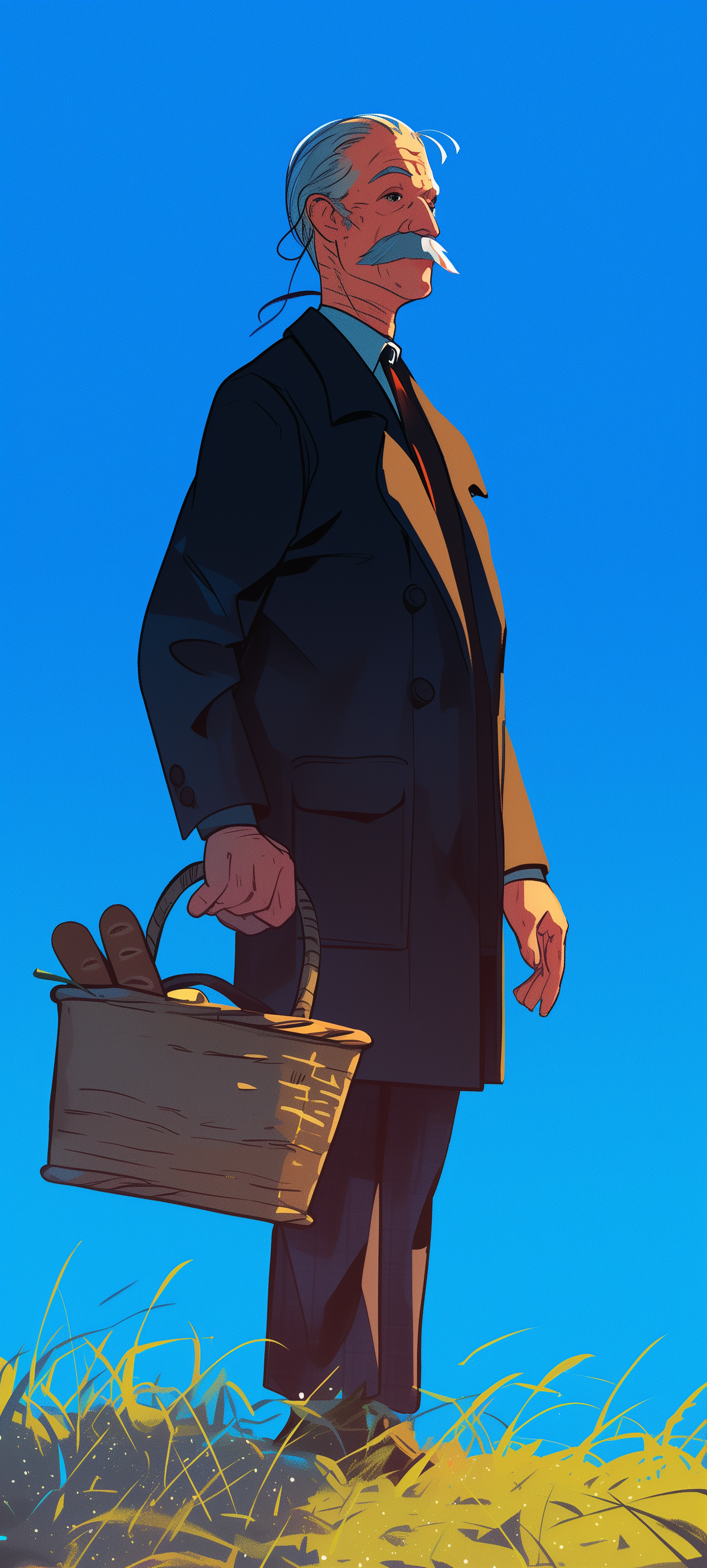 Alfred Pennyworth stands elegantly against a bright blue sky, holding a wicker picnic basket filled with bread. A vibrant phone wallpaper capturing a moment of refinement and charm.