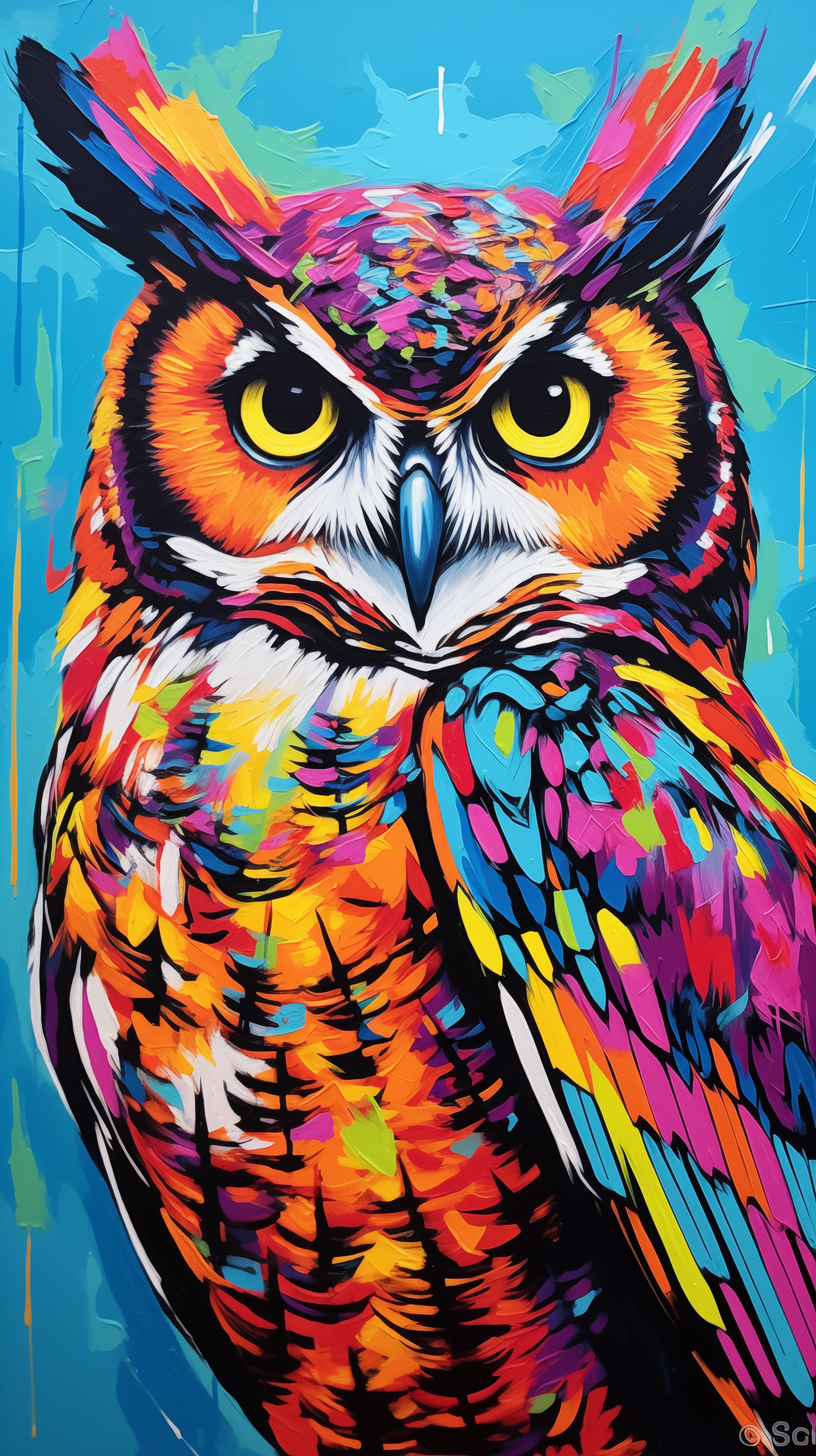 Vibrant depiction of a great horned owl, featuring bold colors and striking details, making for an eye-catching phone wallpaper.