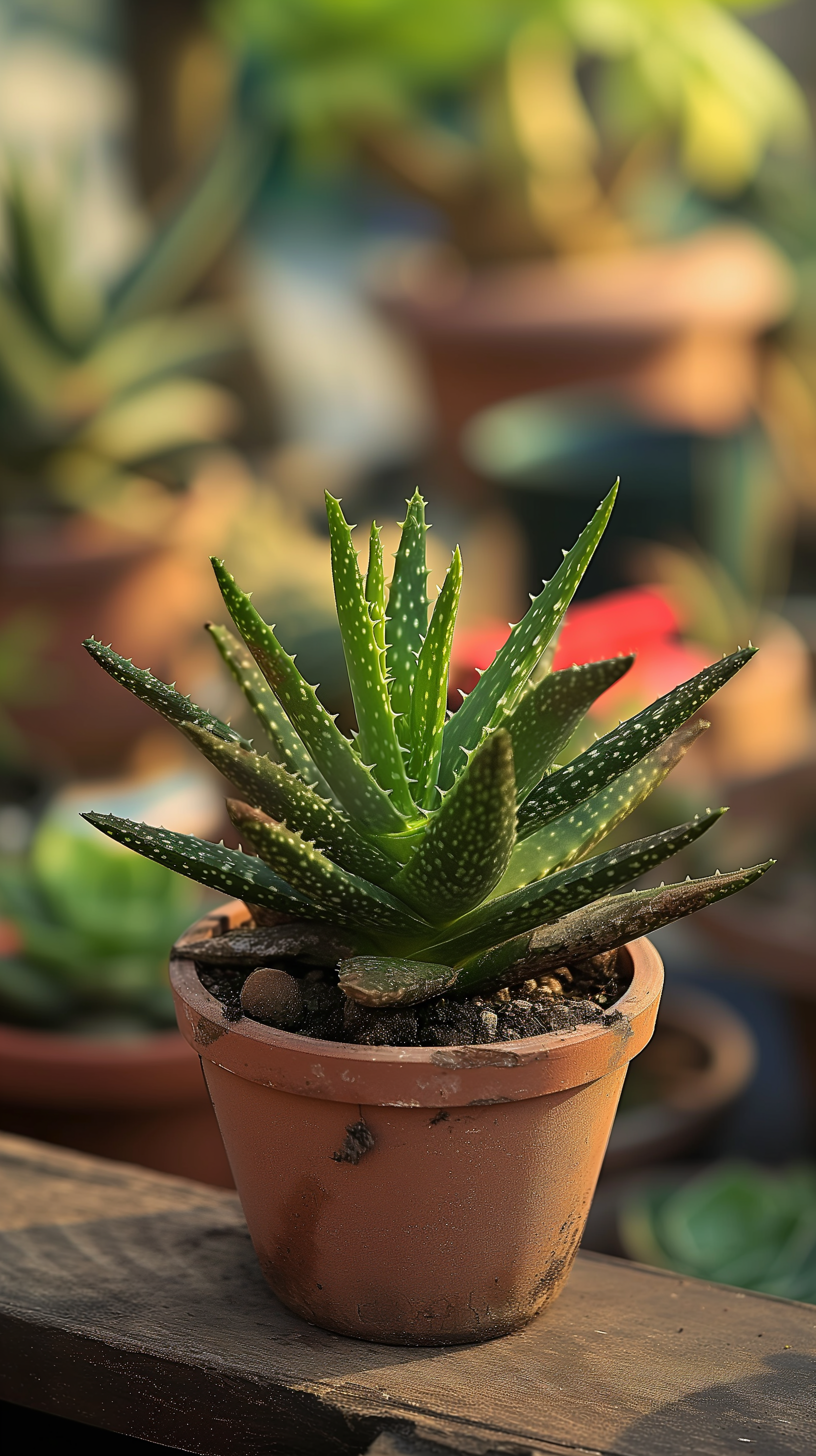 A vibrant aloe vera plant in a terracotta pot, set against a softly blurred background of other plants, creating a refreshing phone wallpaper.