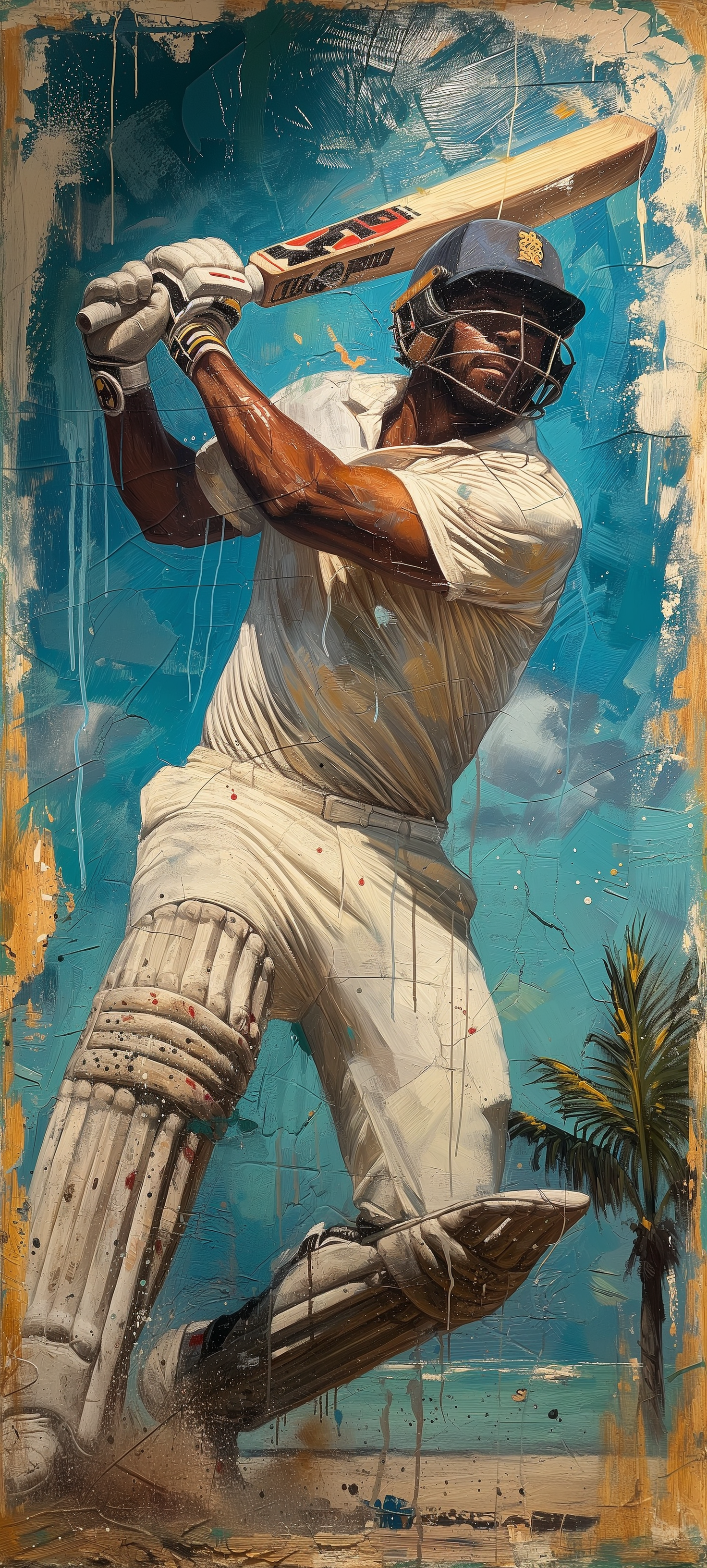 A dynamic cricket mural wallpaper showcasing a batsman in action against a tropical backdrop.