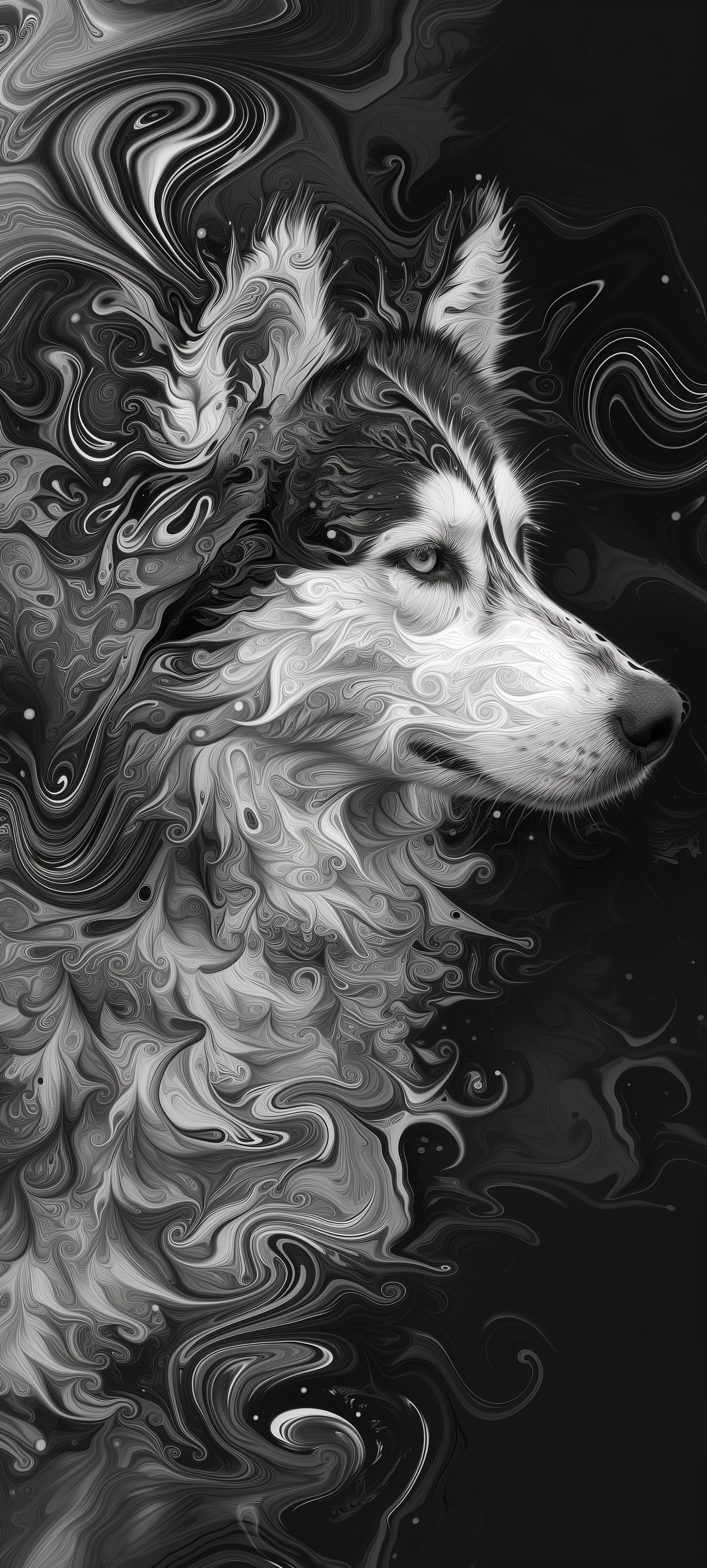 Artistic black and white wallpaper featuring a stylized Alaskan Malamute dog with abstract swirling patterns.