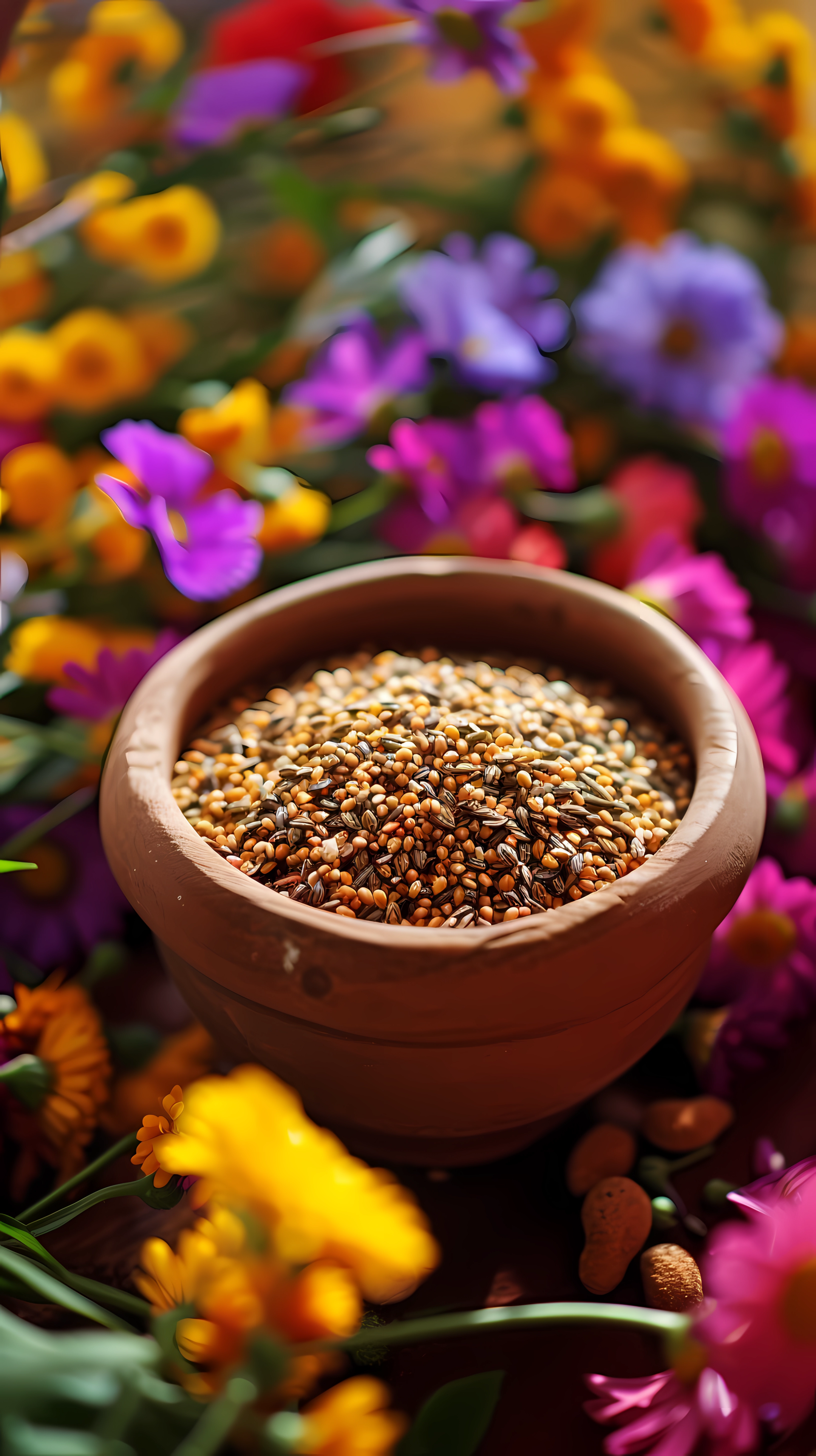 Vibrant phone wallpaper featuring a bowl of seeds amidst a blurred still life arrangement of colorful flowers.