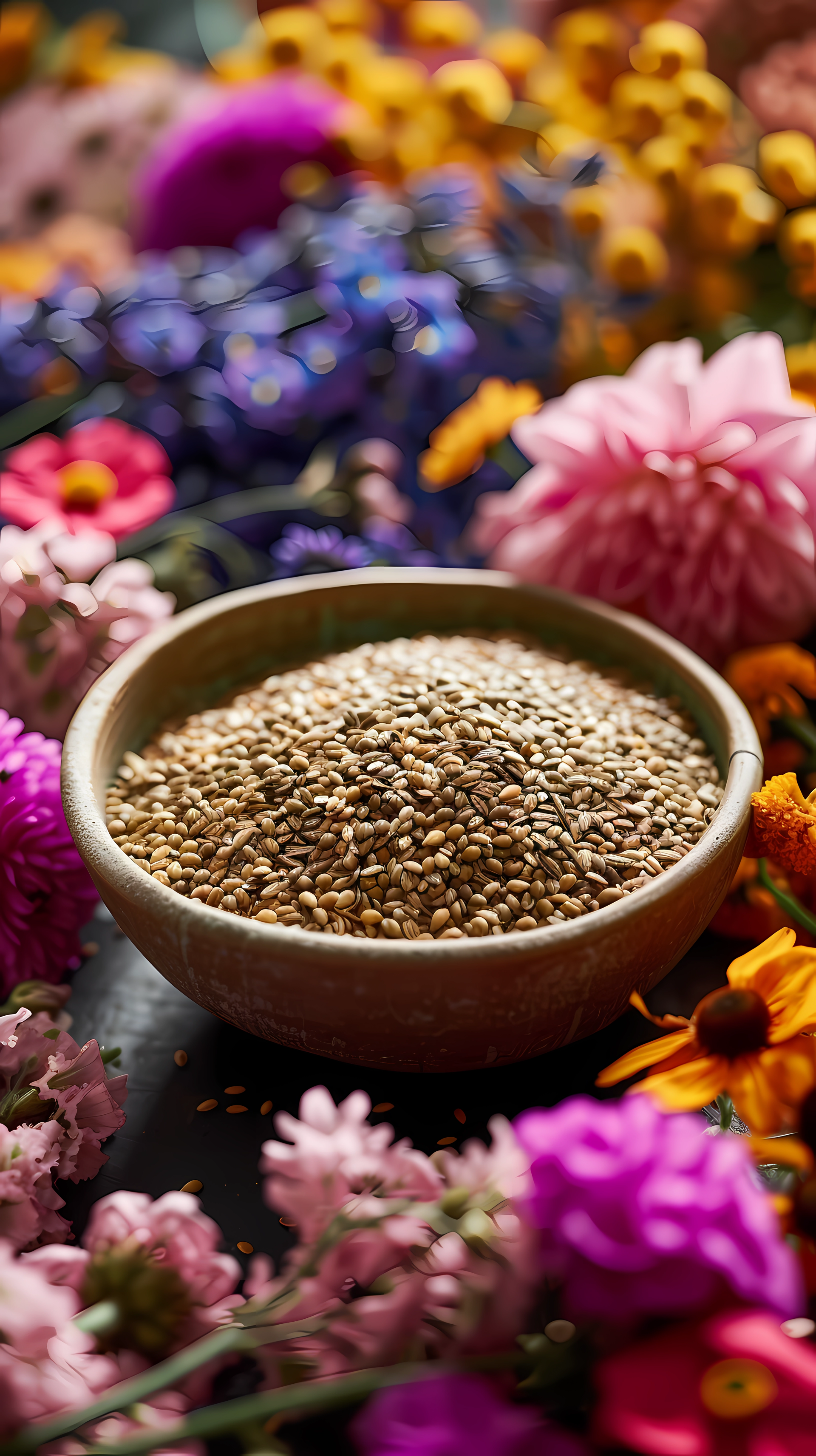Close-up of a bowl filled with seeds surrounded by a vibrant array of flowers, suitable as a colorful macro still life phone wallpaper.