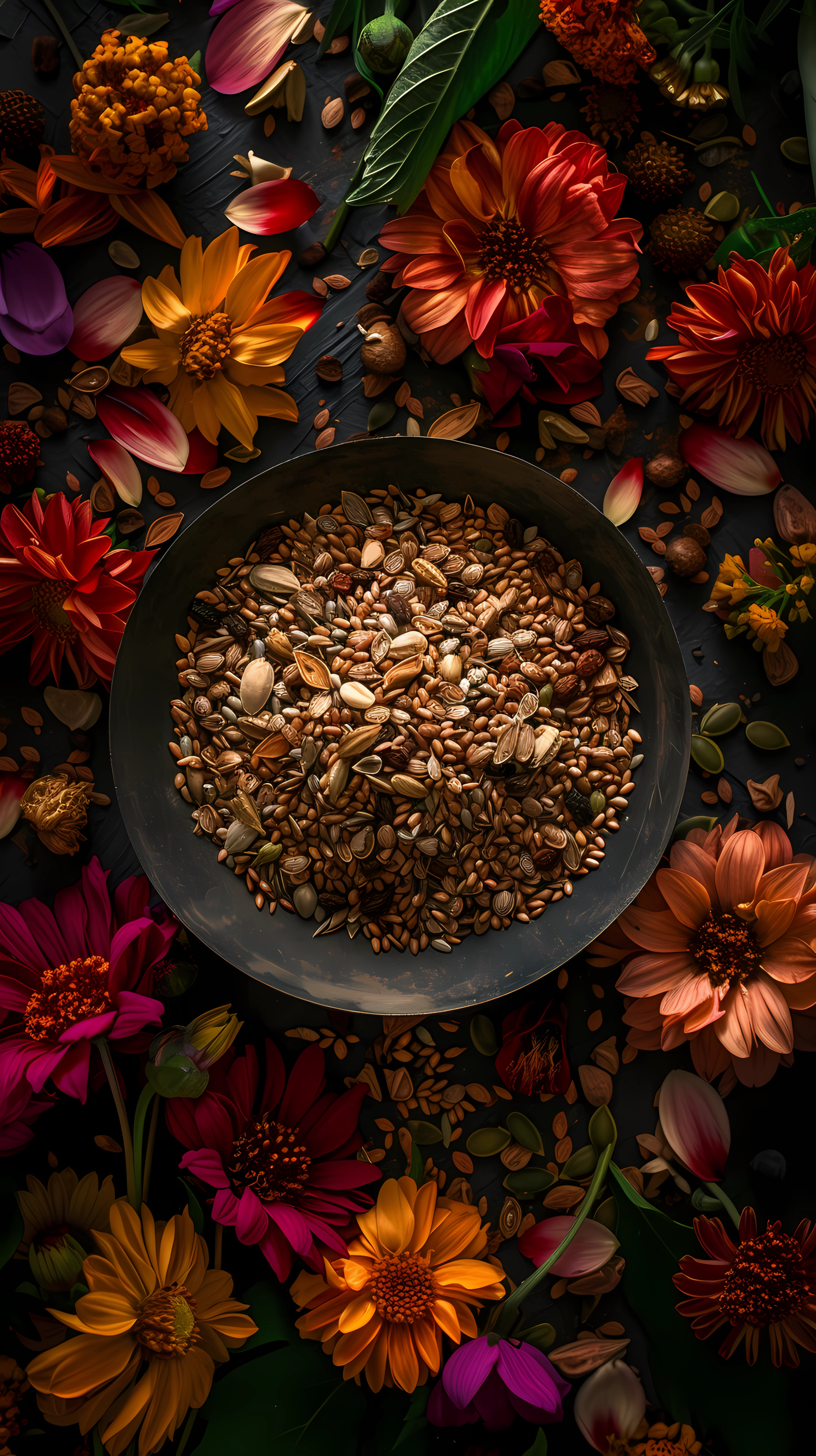 Phone wallpaper featuring a bowl of seeds surrounded by vibrant flowers in a beautiful still life arrangement.