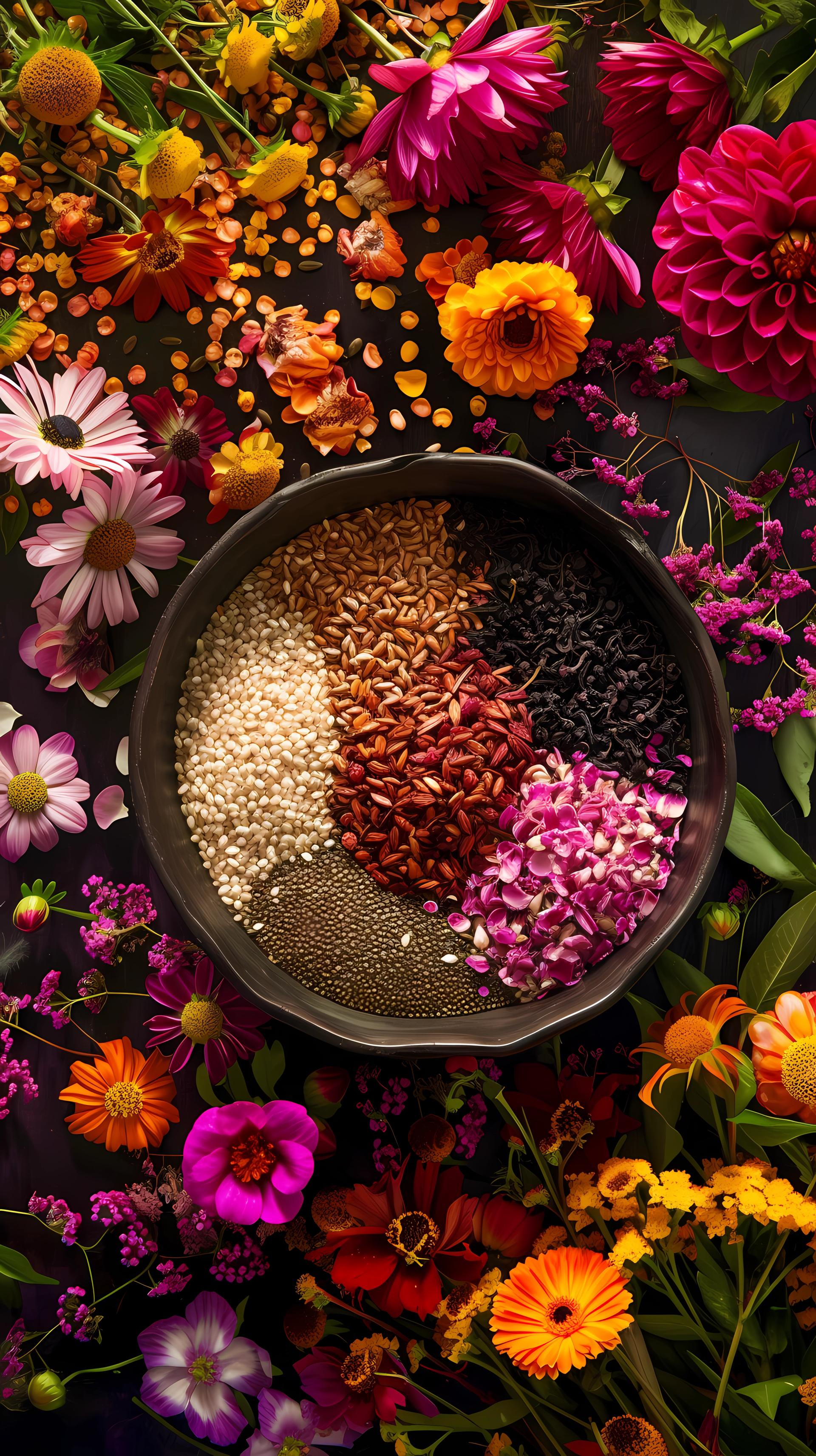 Vibrant phone wallpaper featuring a bowl of assorted seeds surrounded by a colorful array of fresh flowers in a beautiful still life arrangement.