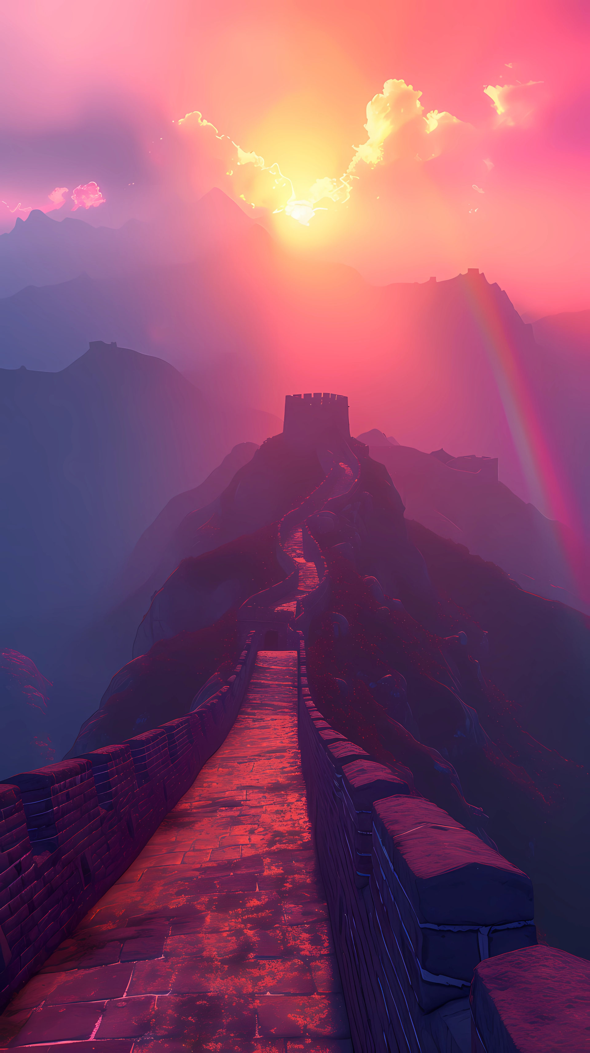 A stunning view of the Great Wall of China at sunset, with vibrant colors and a rainbow arching across the sky, creating a breathtaking phone wallpaper.