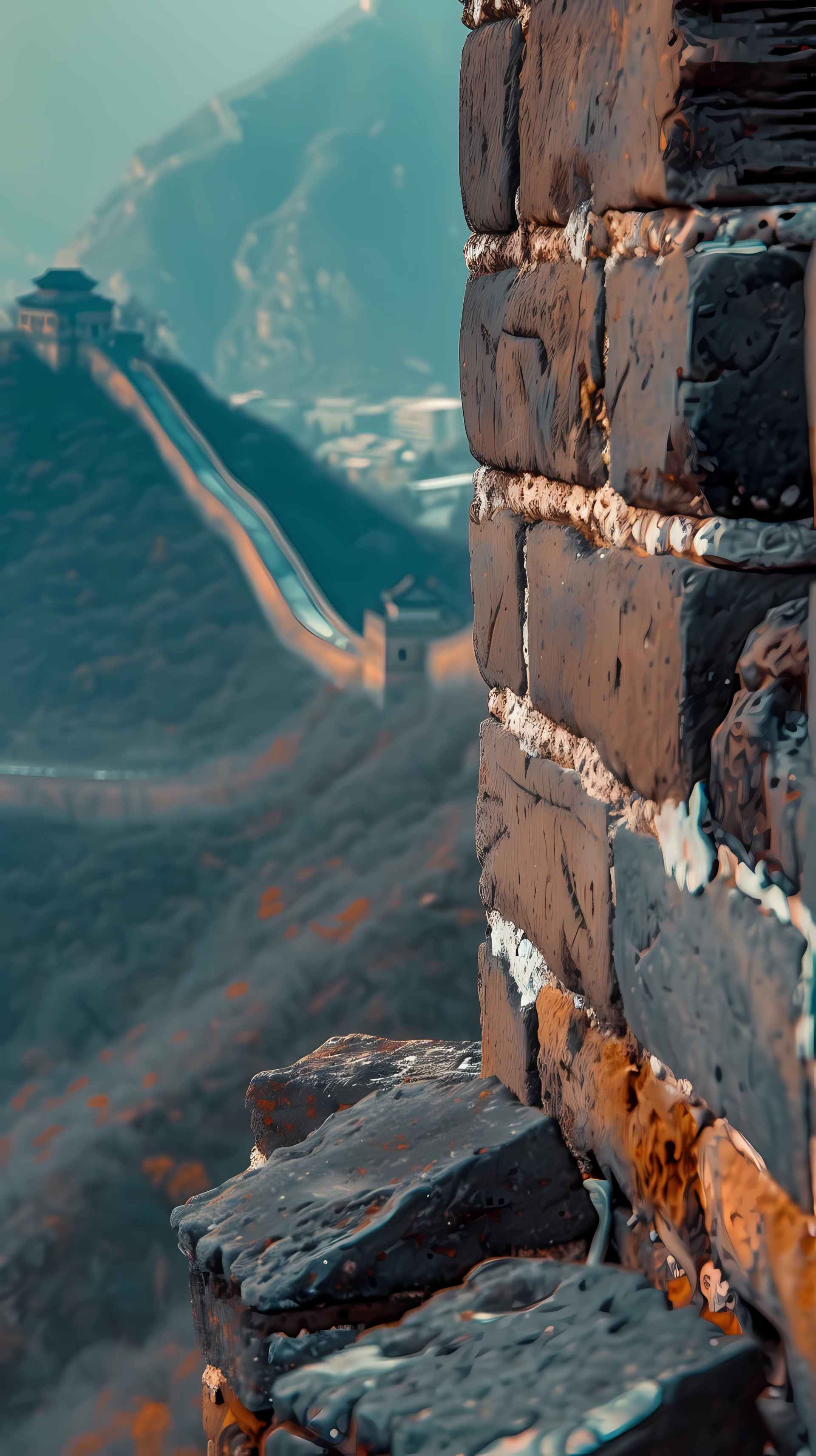 Close-up view of weathered bricks from the Great Wall of China, with a sweeping vista of the wall stretching into the distance. A captivating macro image for a phone wallpaper.