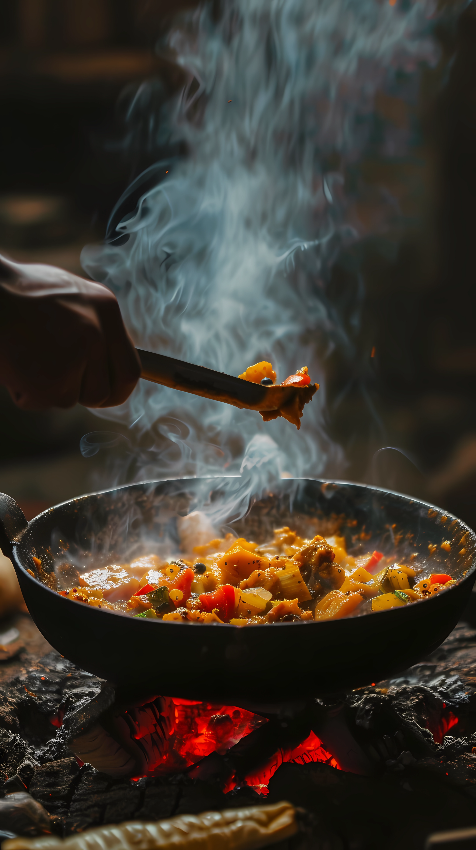 Spicy curry cooking over open fire with steam rising for a culinary phone wallpaper