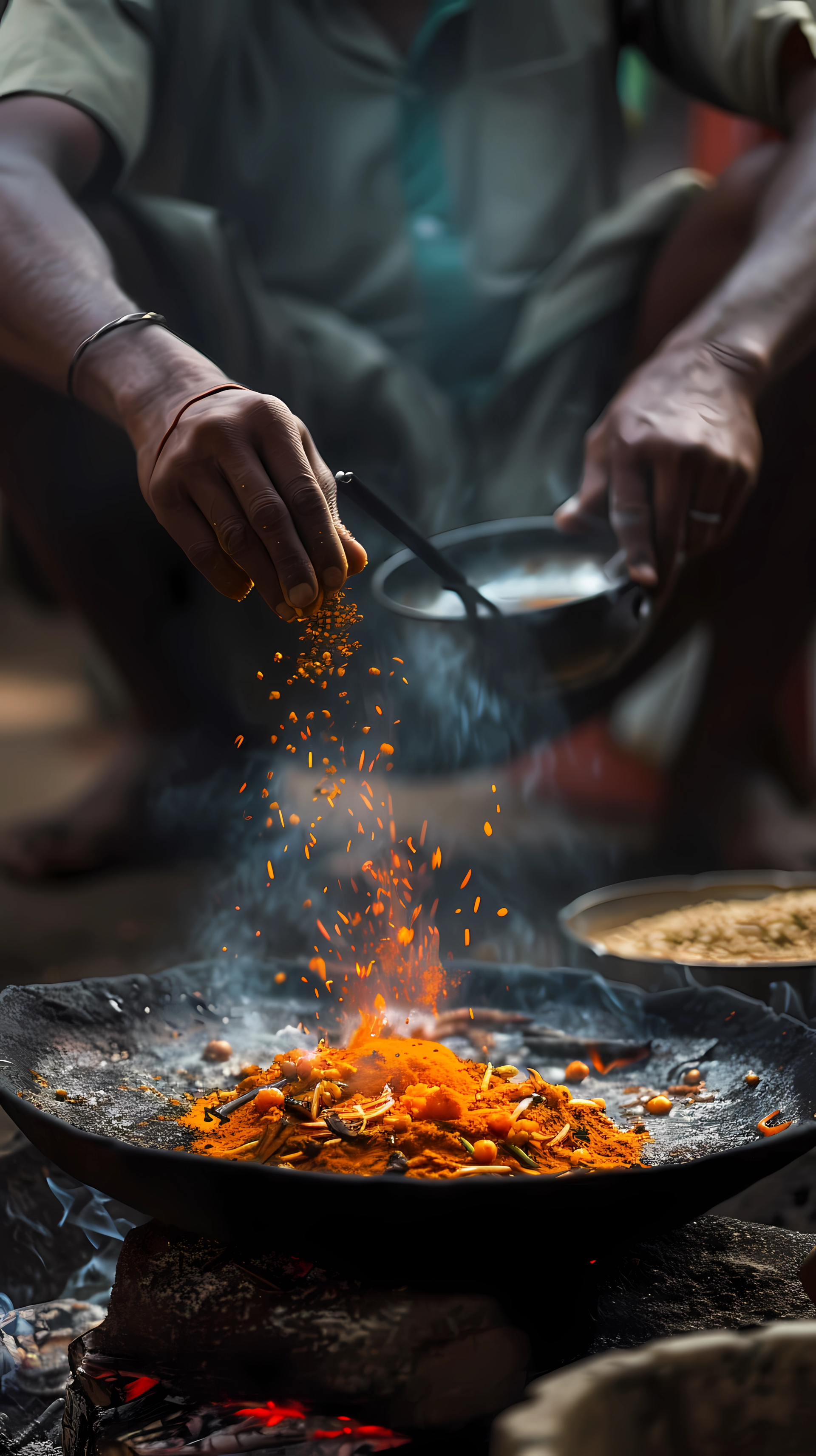 Man cooking, adding spices to a sizzling curry on a fire for a vibrant phone wallpaper.