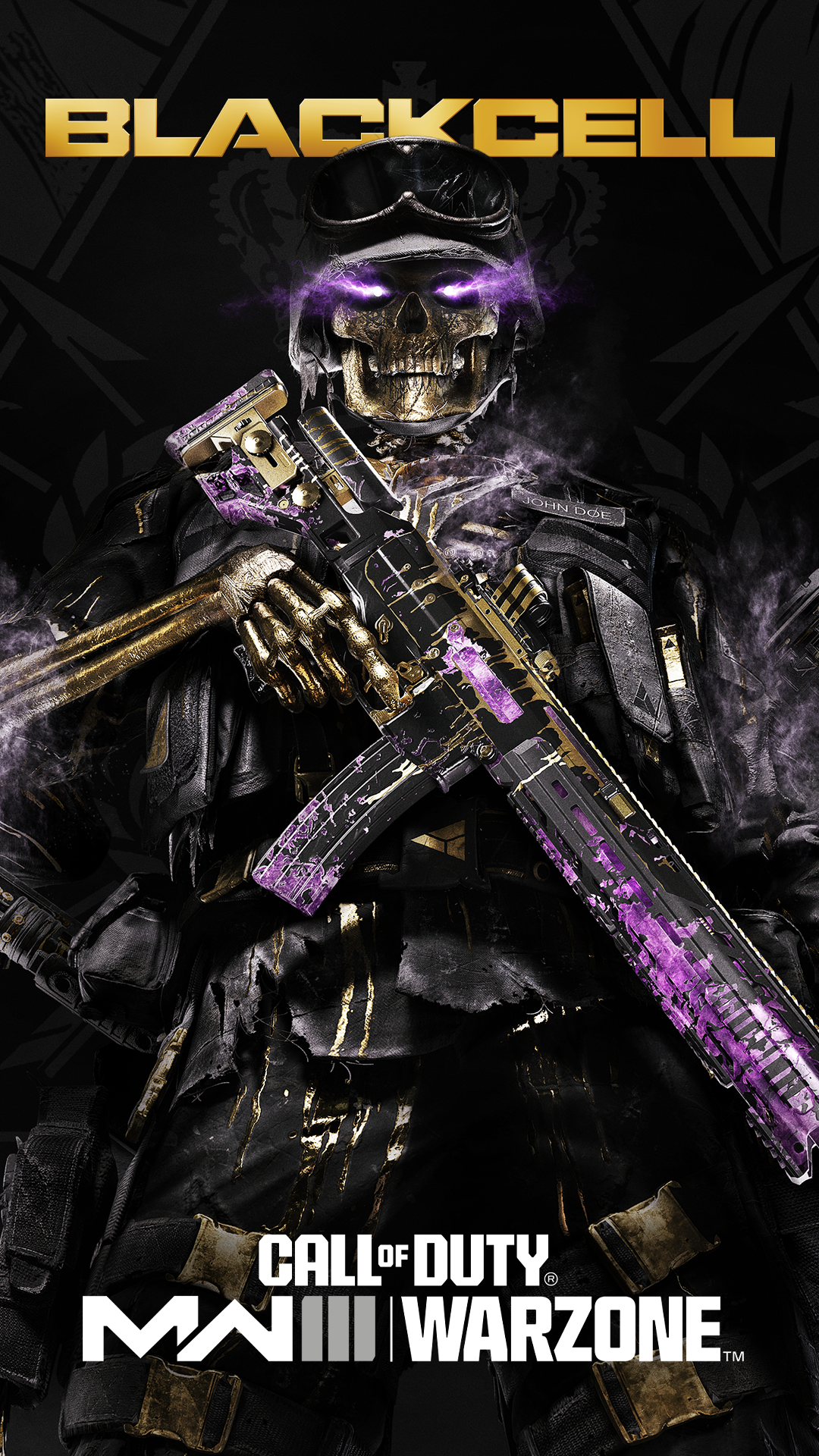 Call of Duty: Modern Warfare III themed phone wallpaper featuring a character with a purple skull mask and a matching weapon.