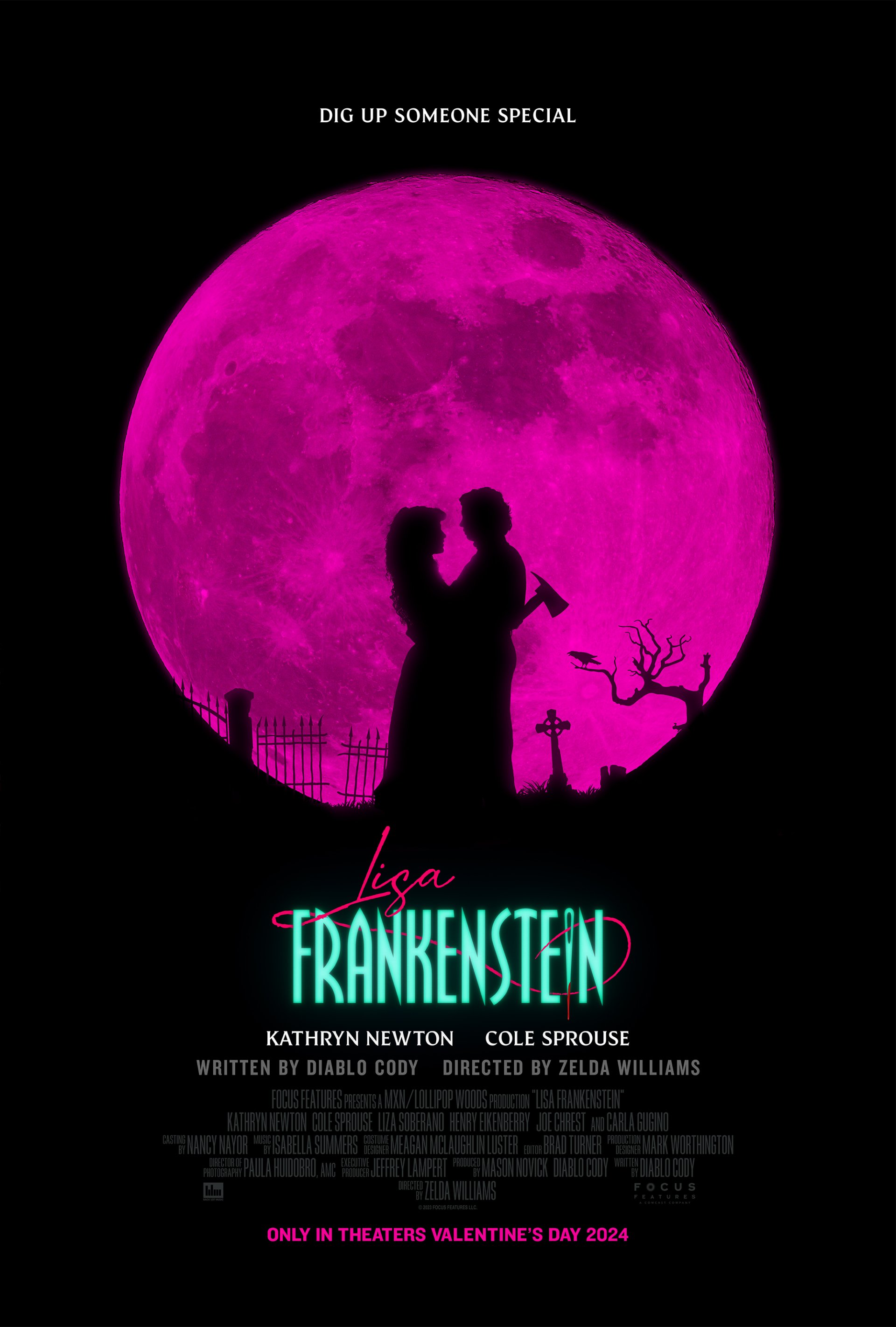 Phone wallpaper of Lisa Frankenstein movie poster featuring silhouettes against a pink moon background.