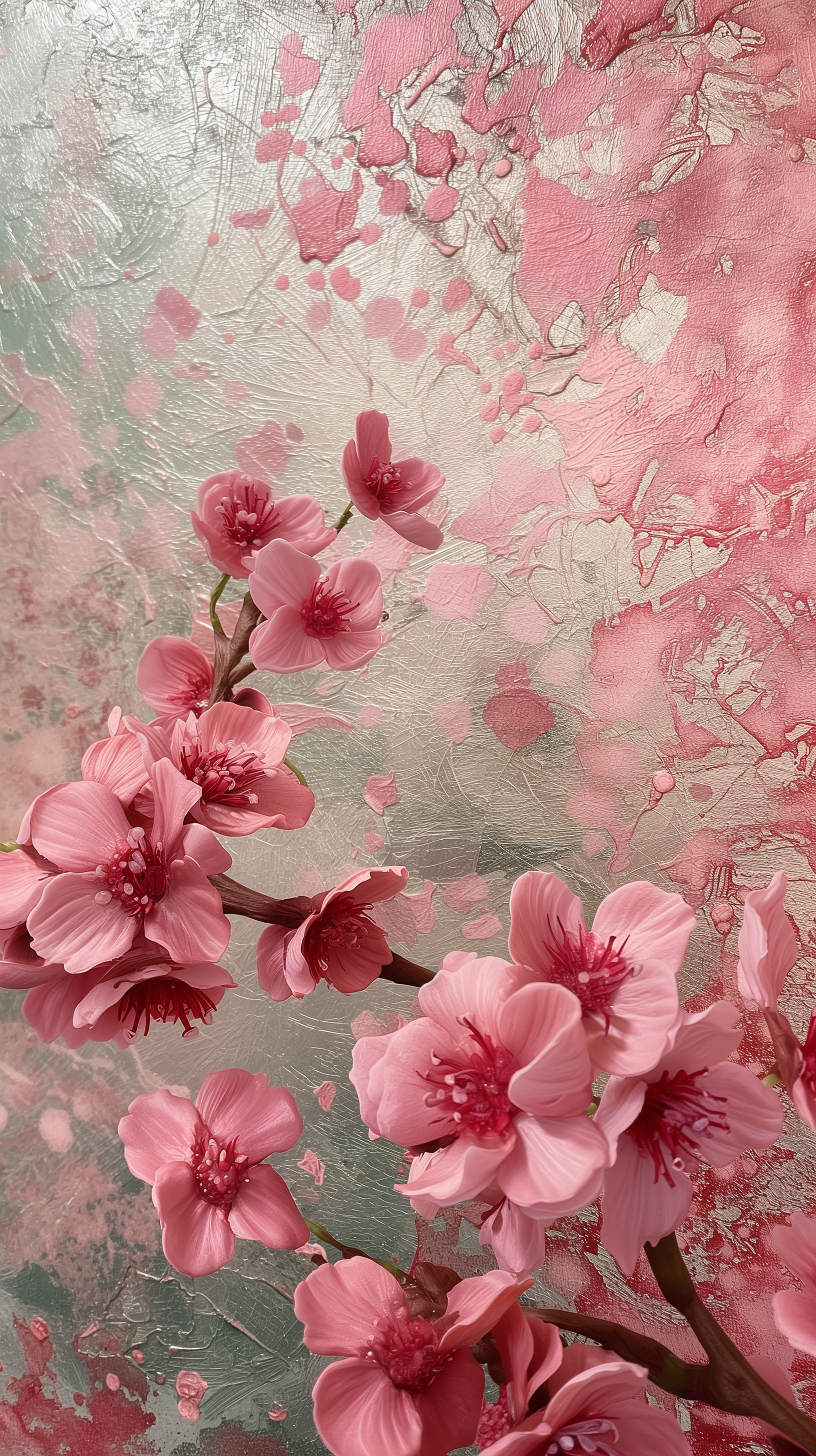 A vibrant phone wallpaper featuring delicate cherry blossoms against a textured pink and silver background, capturing the essence of nature's beauty.