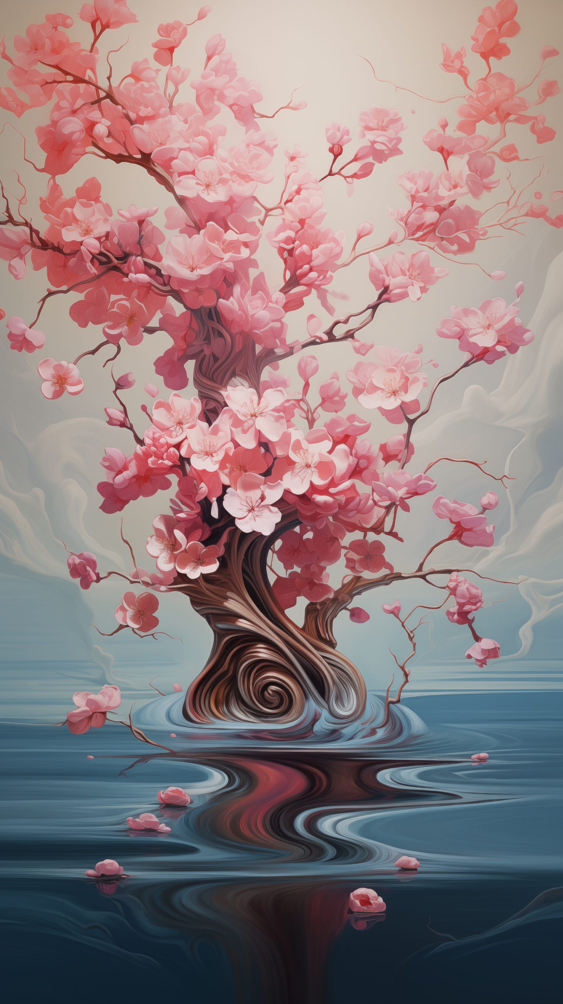 A stunning cherry blossom tree stands gracefully in a serene landscape, its pink flowers reflecting beautifully in tranquil waters, making it an enchanting phone wallpaper.