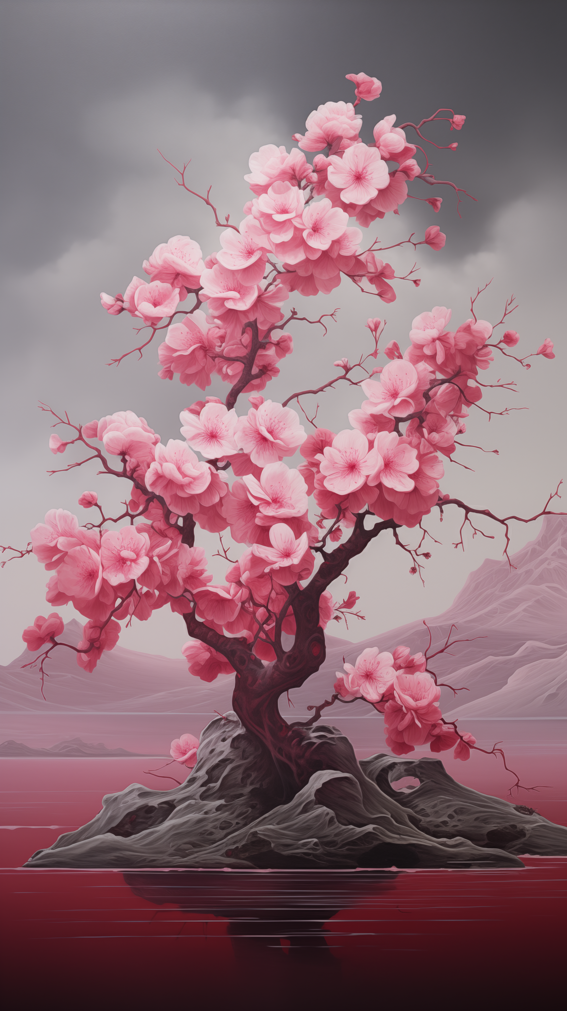 Stunning cherry blossom tree in full bloom with pink flowers for phone wallpaper, set against a tranquil nature backdrop.