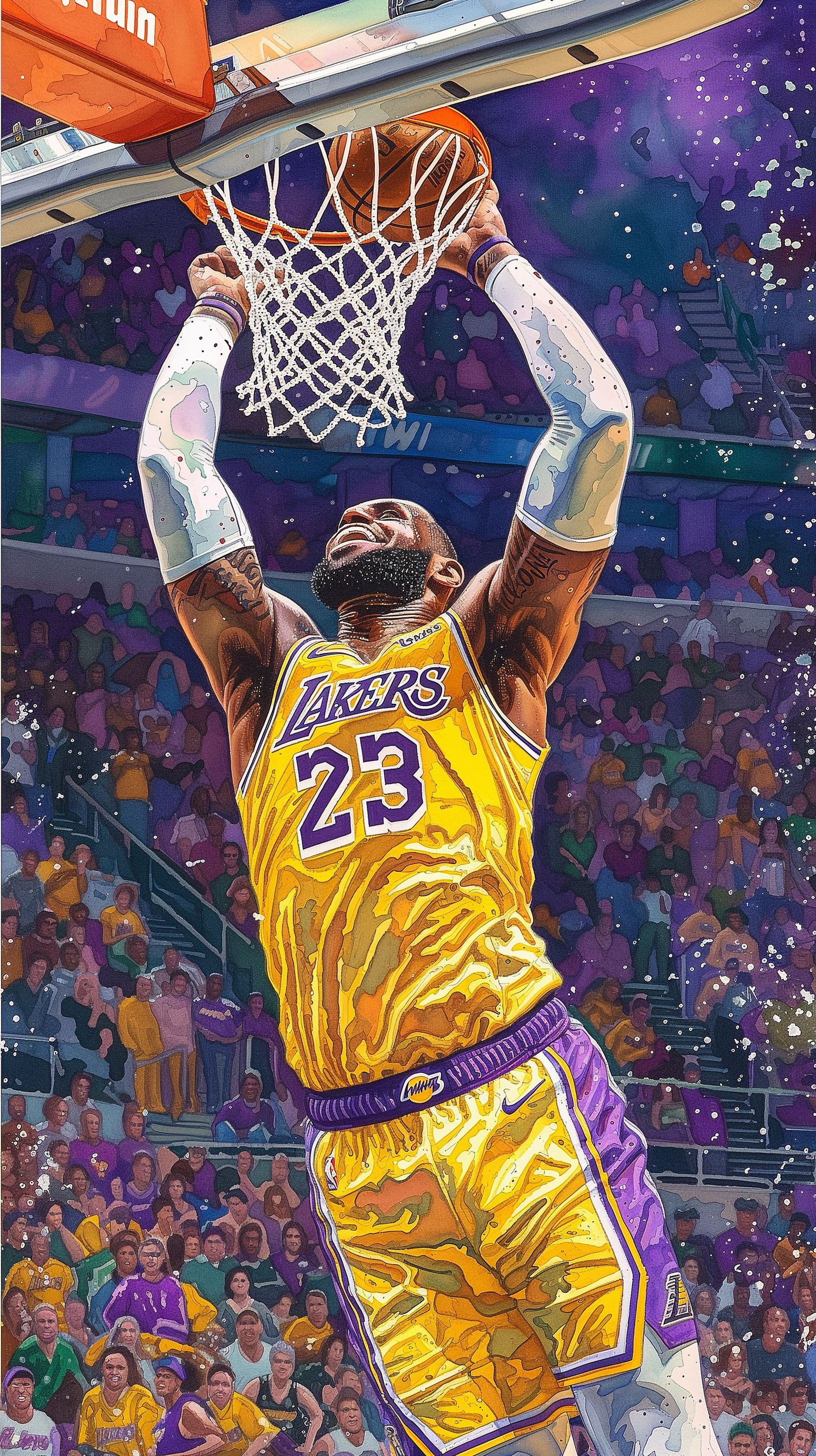 LeBron James performs an electrifying slam dunk in a dynamic NBA scene, captured in vibrant colors, showcasing his Lakers jersey and the excitement of basketball fans.