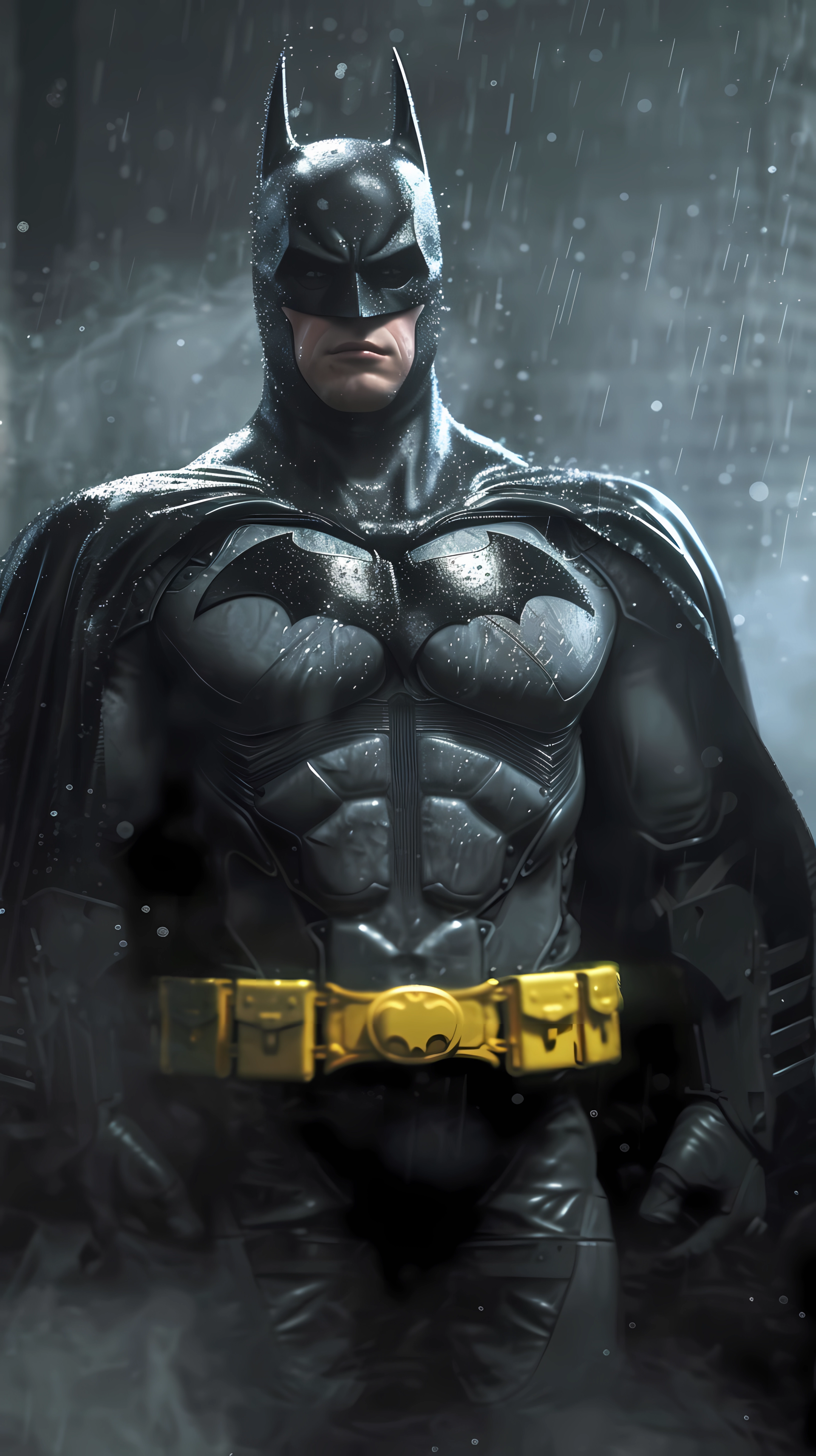 A striking Batman fan art wallpaper featuring the iconic hero in a dramatic, rain-soaked setting, showcasing his muscular physique and signature yellow utility belt.