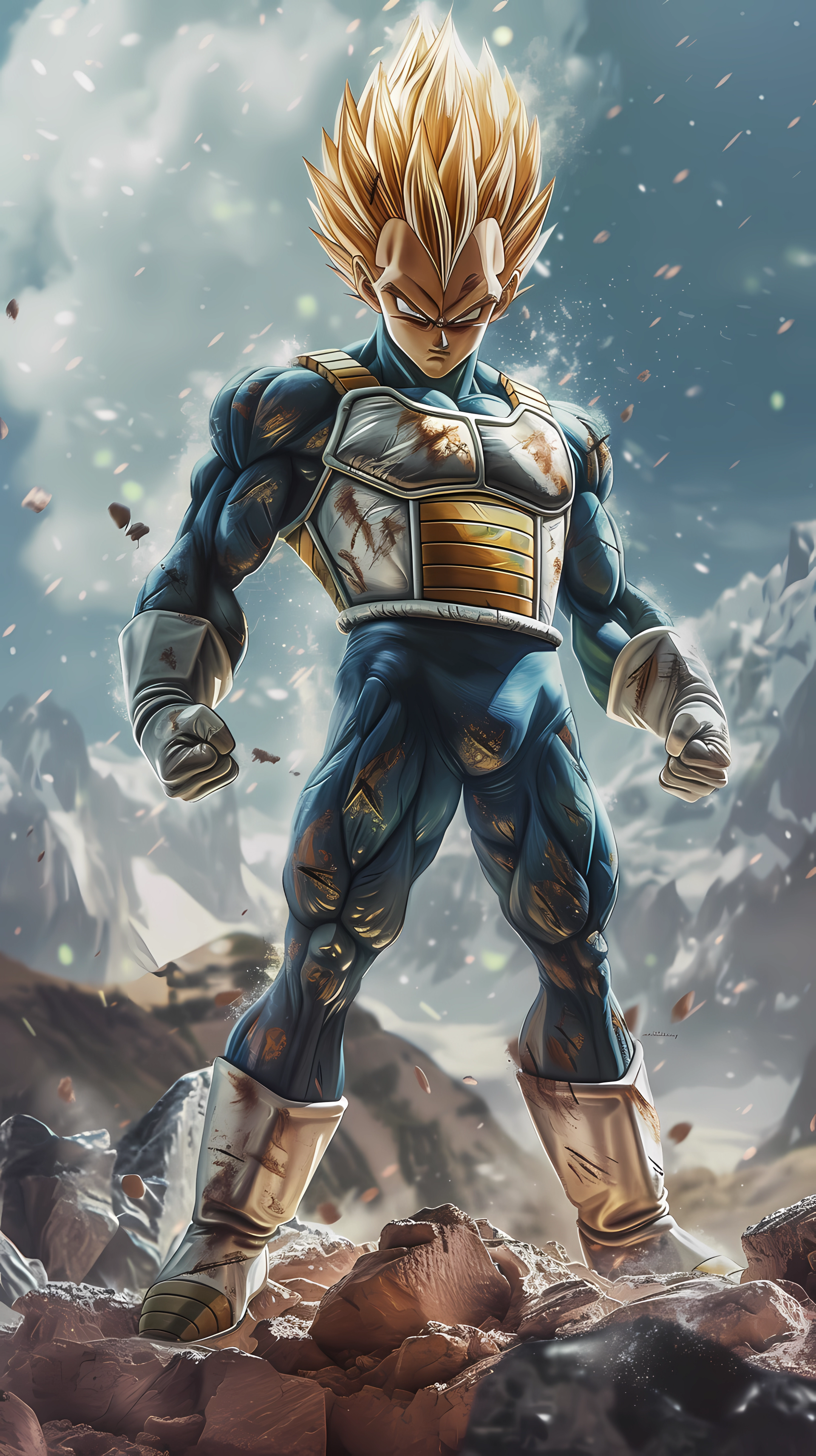 Fan art of Vegeta in Super Saiyan form from Dragon Ball as a dynamic phone wallpaper.