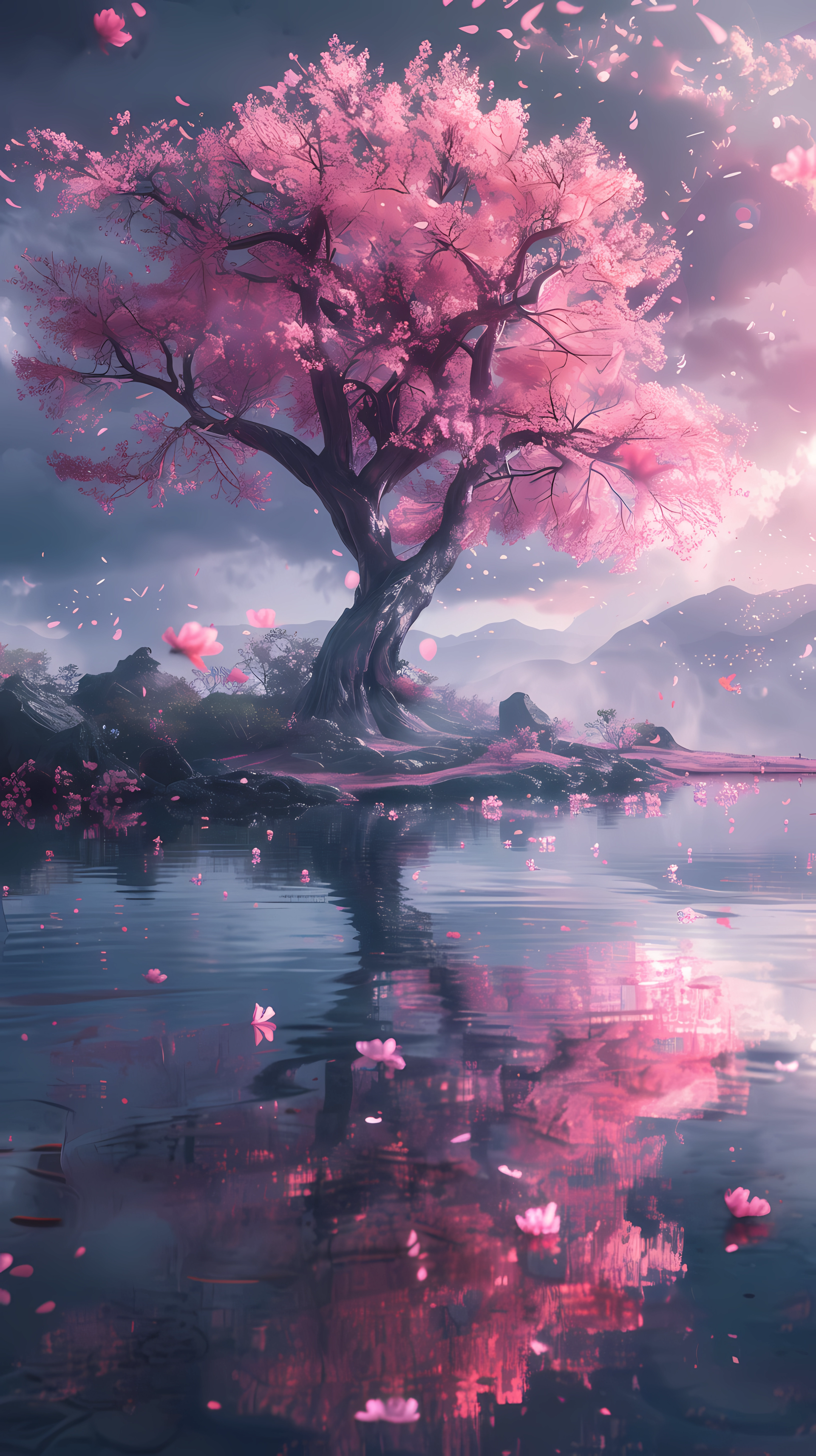 Fantasy sakura tree with pink blossoms reflected in calm water, set against misty mountains, designed as a vibrant phone wallpaper for iPhones and Android devices.