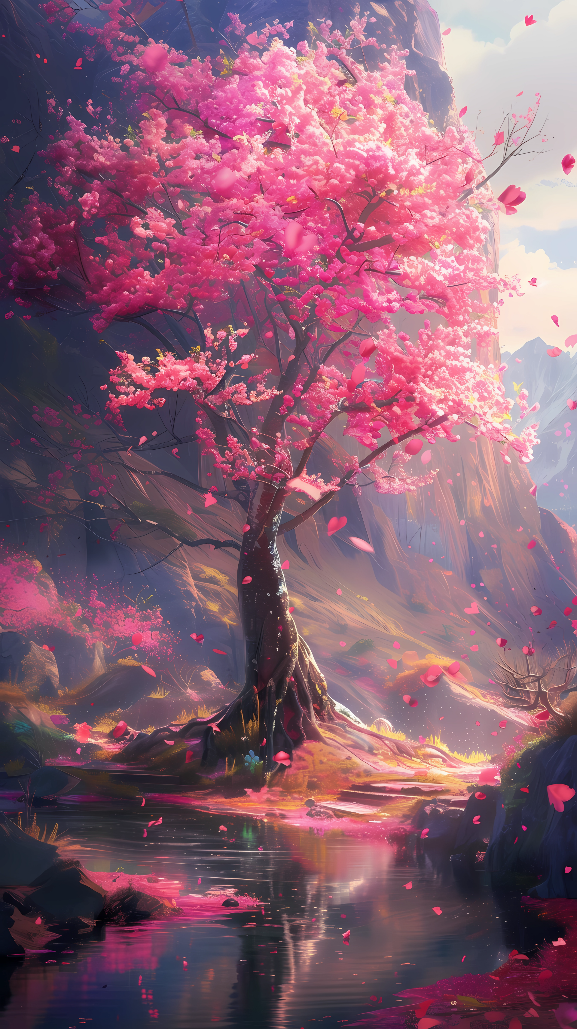 Fantasy sakura tree in bloom as a phone wallpaper with stunning pink petals over a tranquil stream.