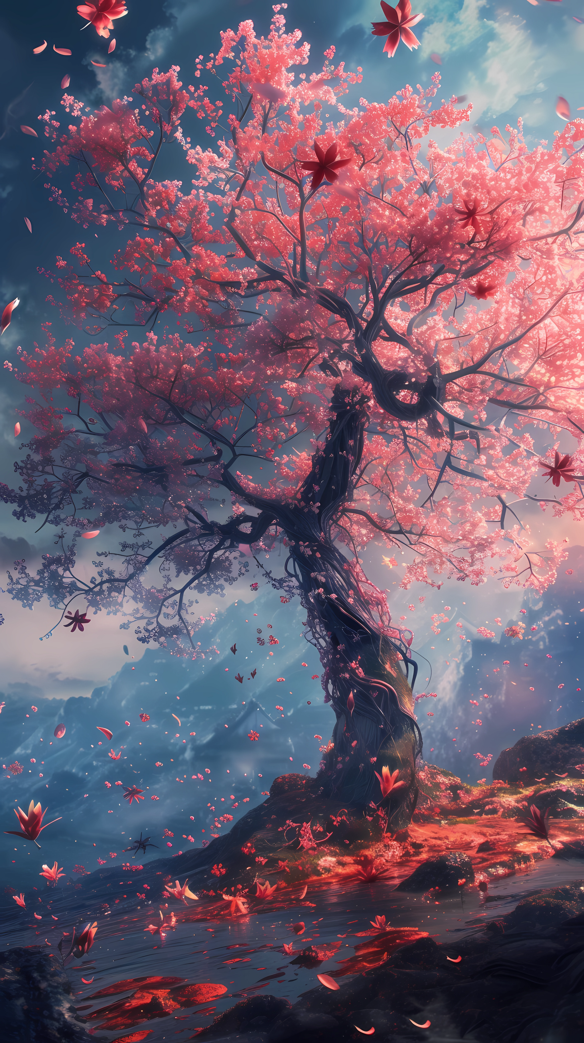 Sakura fantasy phone wallpaper featuring a majestic cherry blossom tree in a dreamy landscape.