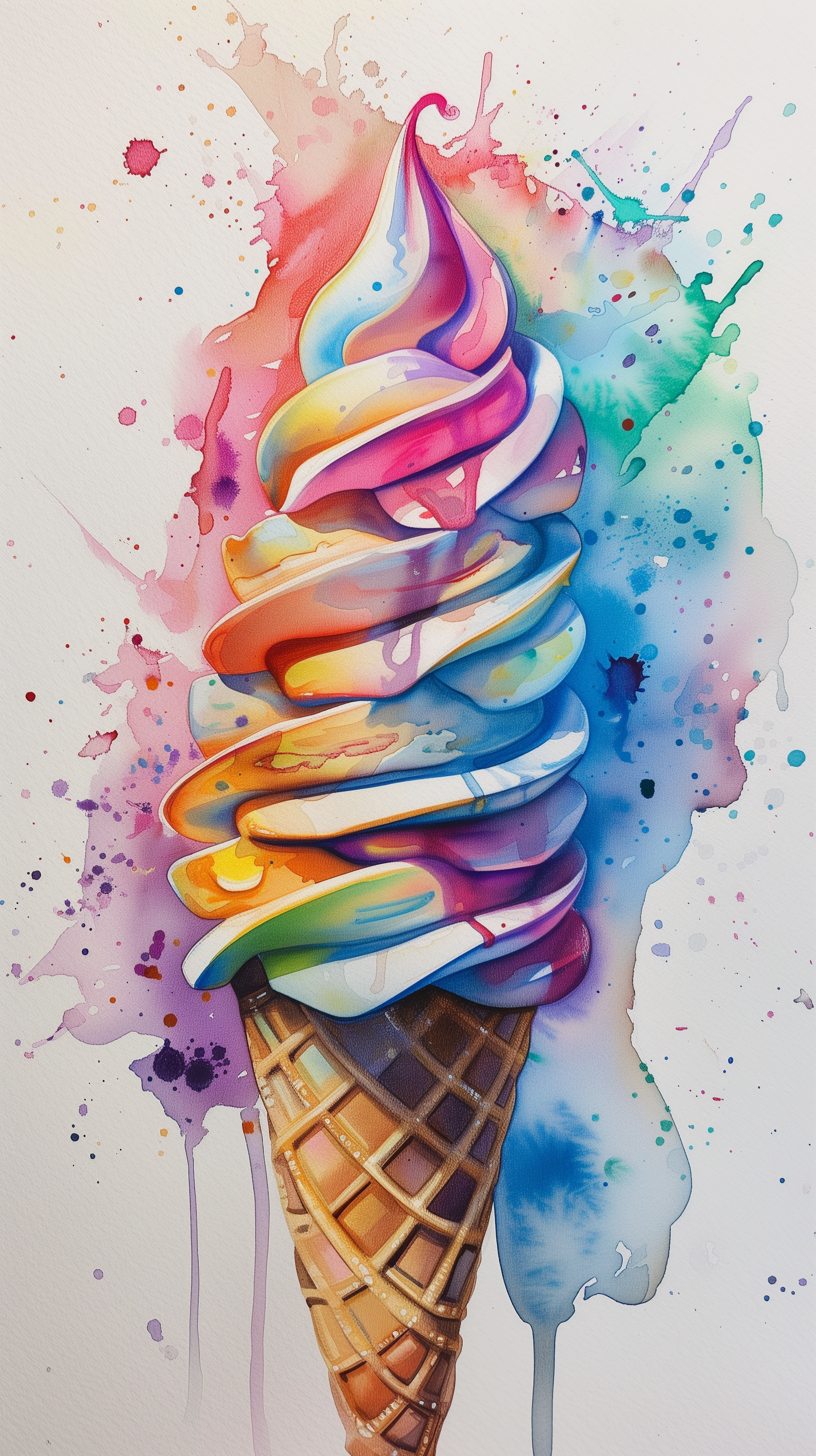 A vibrant ice cream cone with swirls of rainbow colors sits against a splash of watercolor hues, making this a delightful and artistic phone wallpaper.