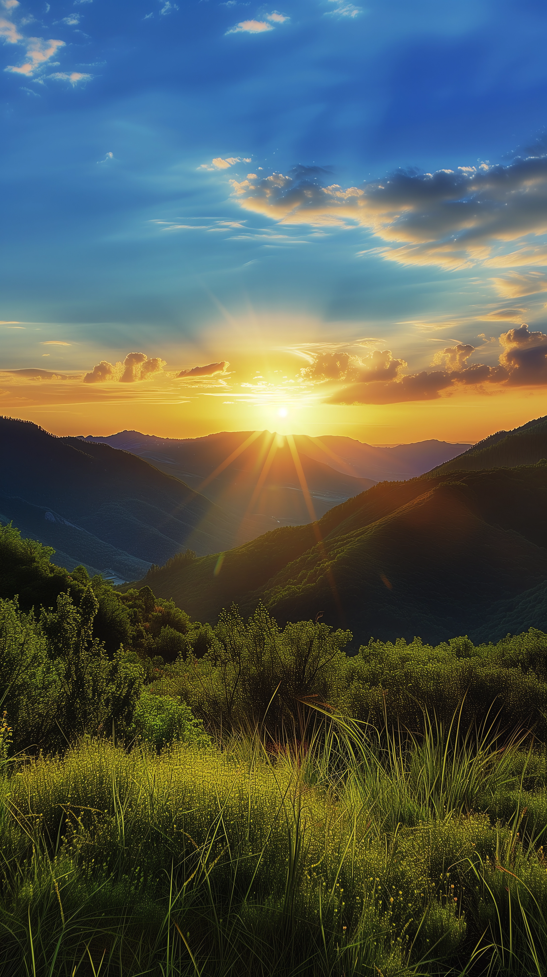 Sunset over hills nature phone wallpaper with vibrant sky and horizon.