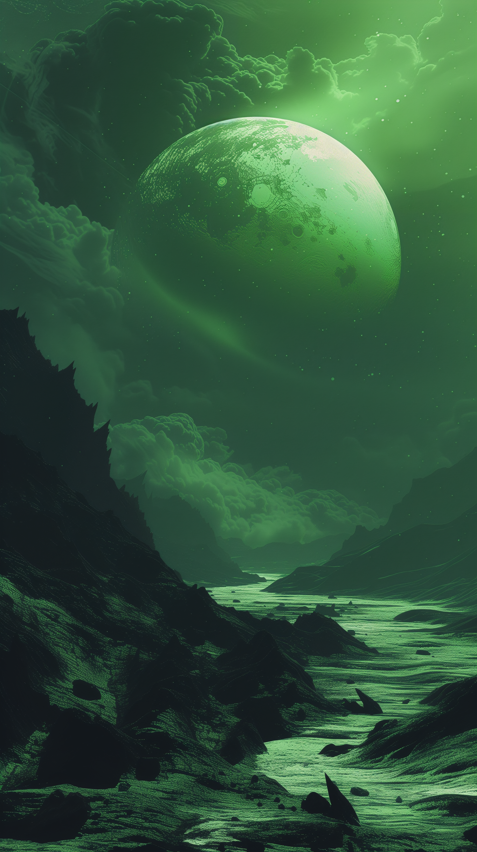 A mystical green landscape under a glowing moon, featuring dramatic clouds and a winding river, creating an enchanting aesthetic for a phone wallpaper.