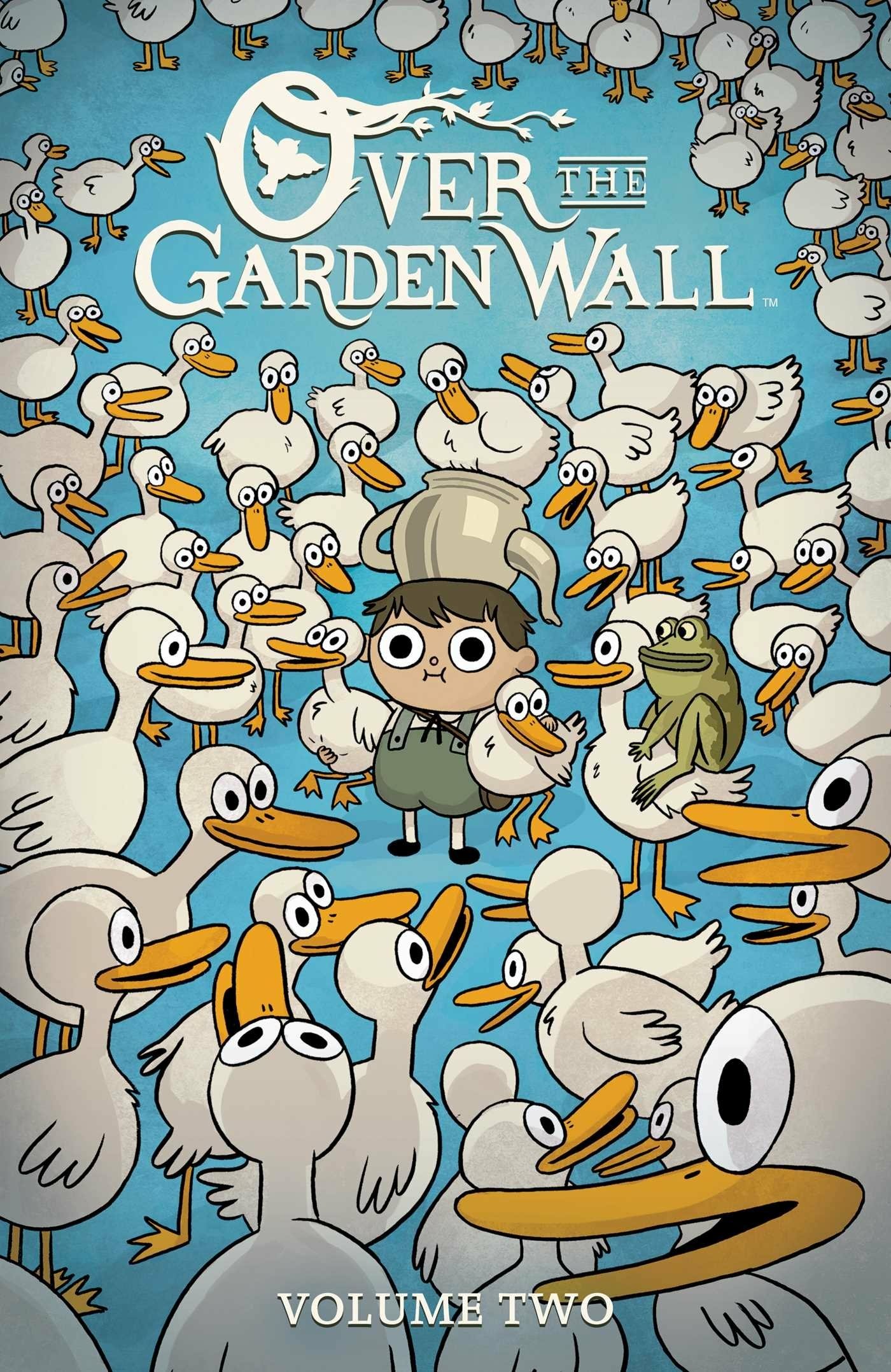 Over the Garden Wall TV show themed phone wallpaper featuring main characters with a whimsical array of ducks.