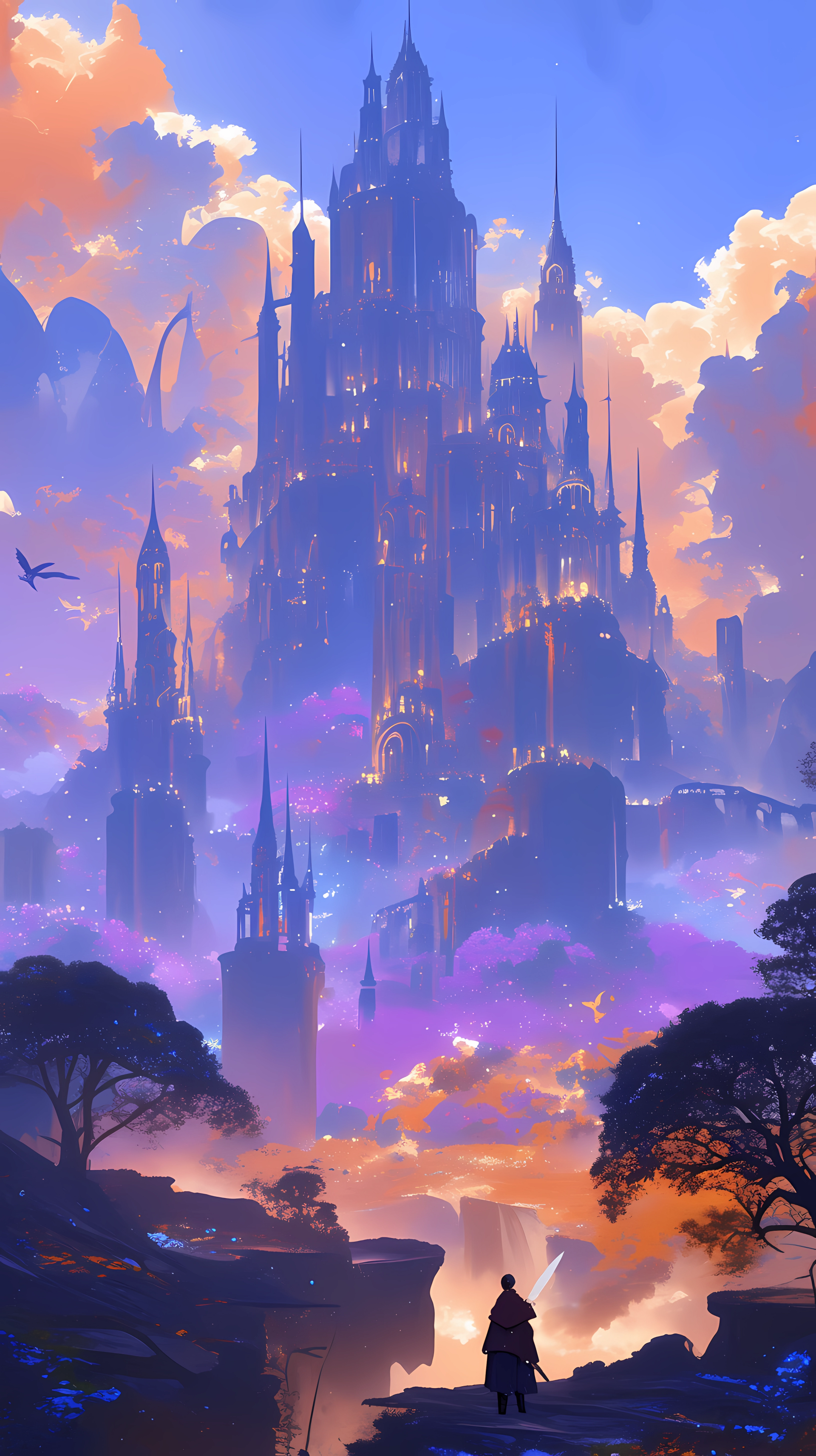 Anime fantasy landscape phone wallpaper with a majestic castle amidst clouds at sunset.