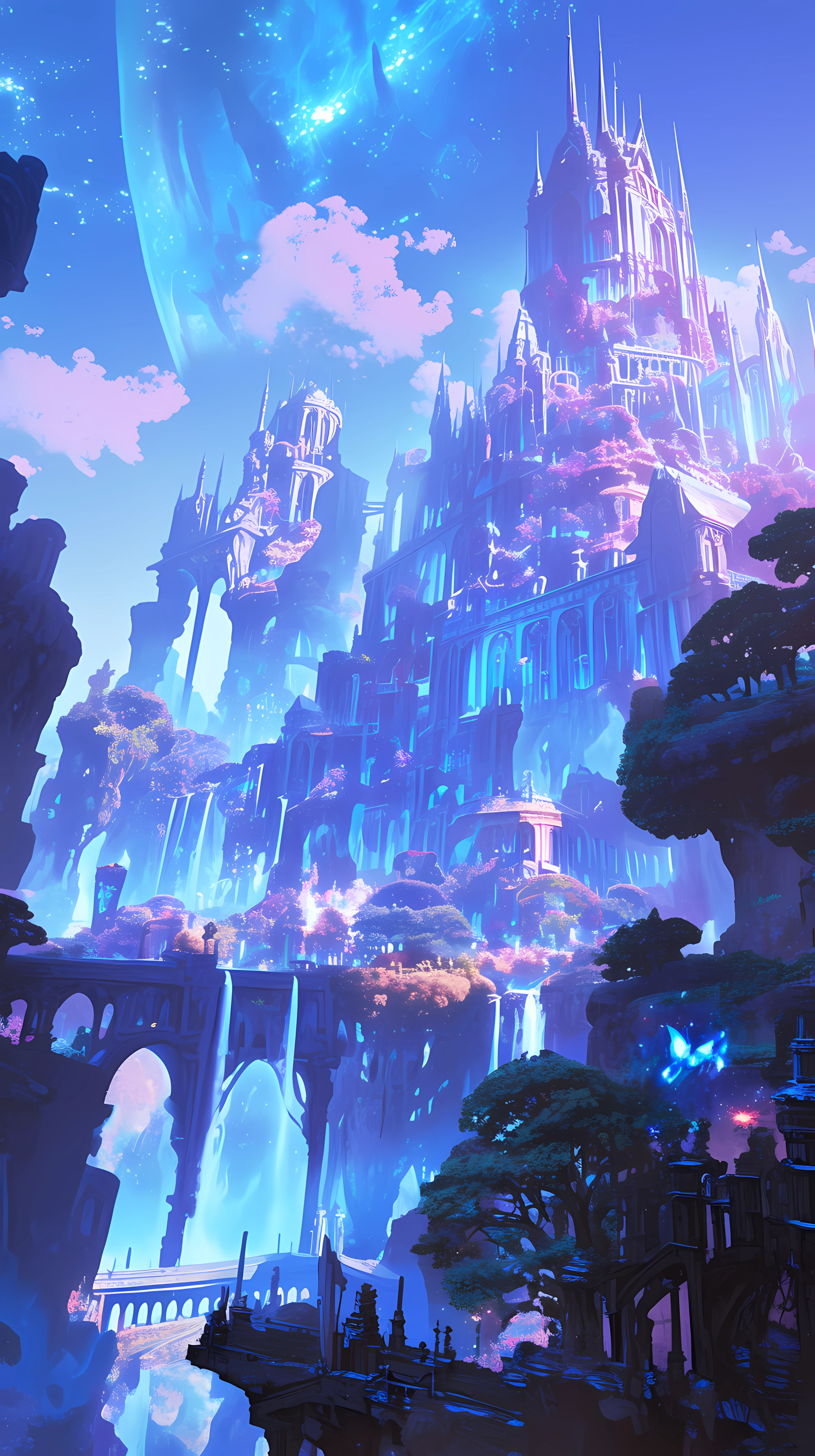 Anime fantasy landscape with a breathtaking otherworldly city for phone wallpaper.