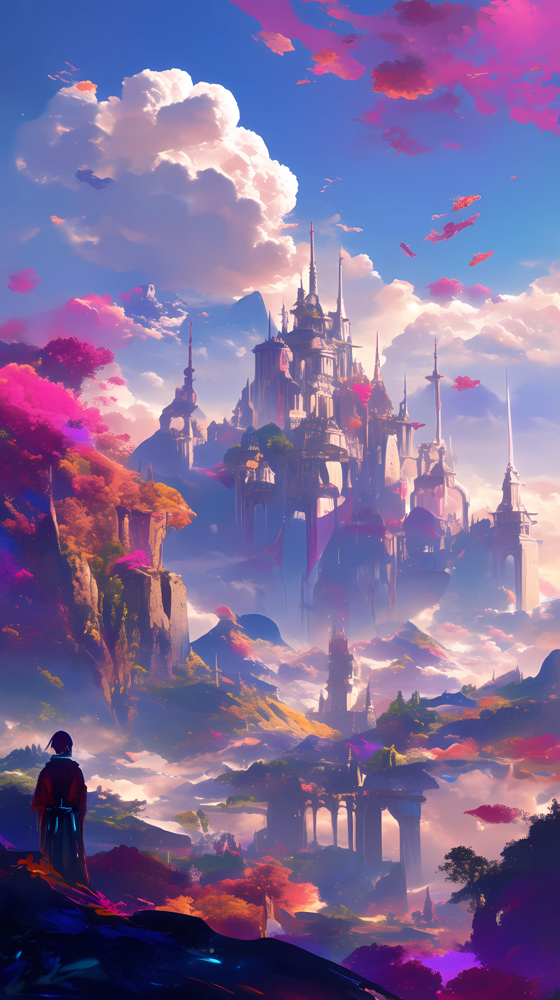 Fantasy anime landscape phone wallpaper depicting a majestic castle amidst a dreamy, cloud-filled sky with a silhouette of a person in the foreground.