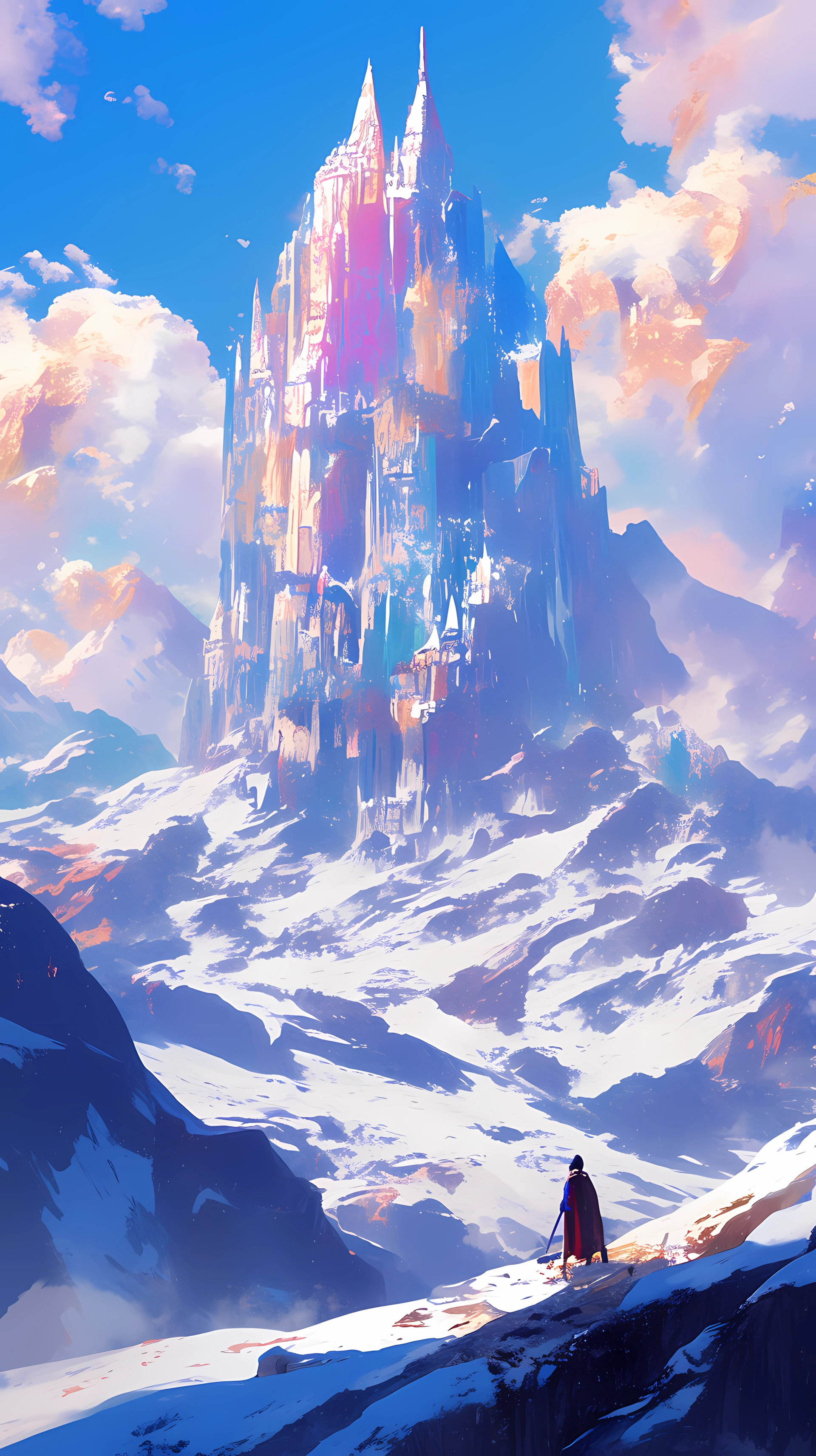 Fantasy anime landscape phone wallpaper featuring an ethereal castle atop a snowy mountain with a cloaked figure gazing at it from a distance.