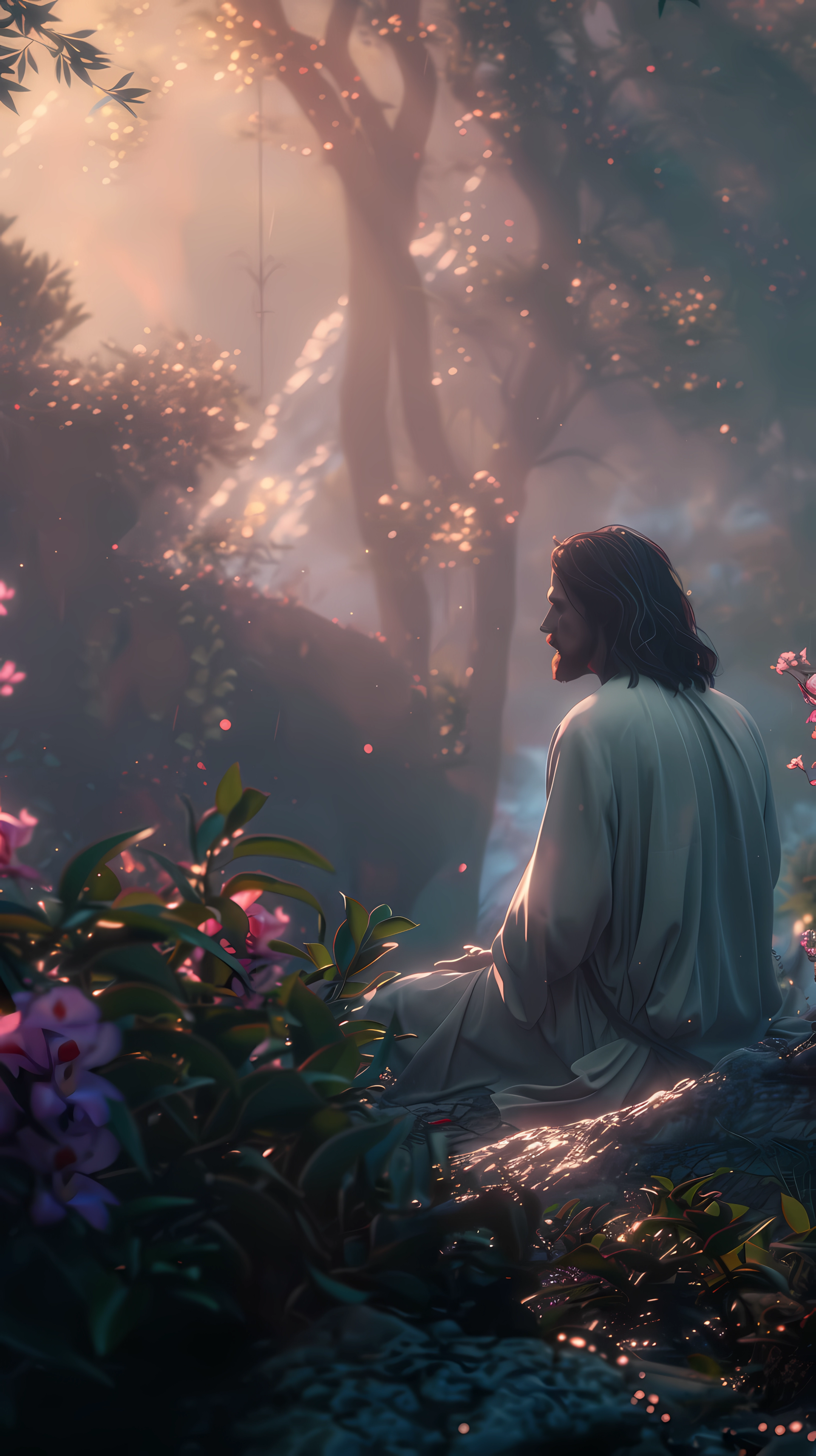 A serene phone wallpaper depicting Jesus seated among vibrant flowers and trees, bathed in soft, ethereal light, creating a peaceful and contemplative atmosphere.