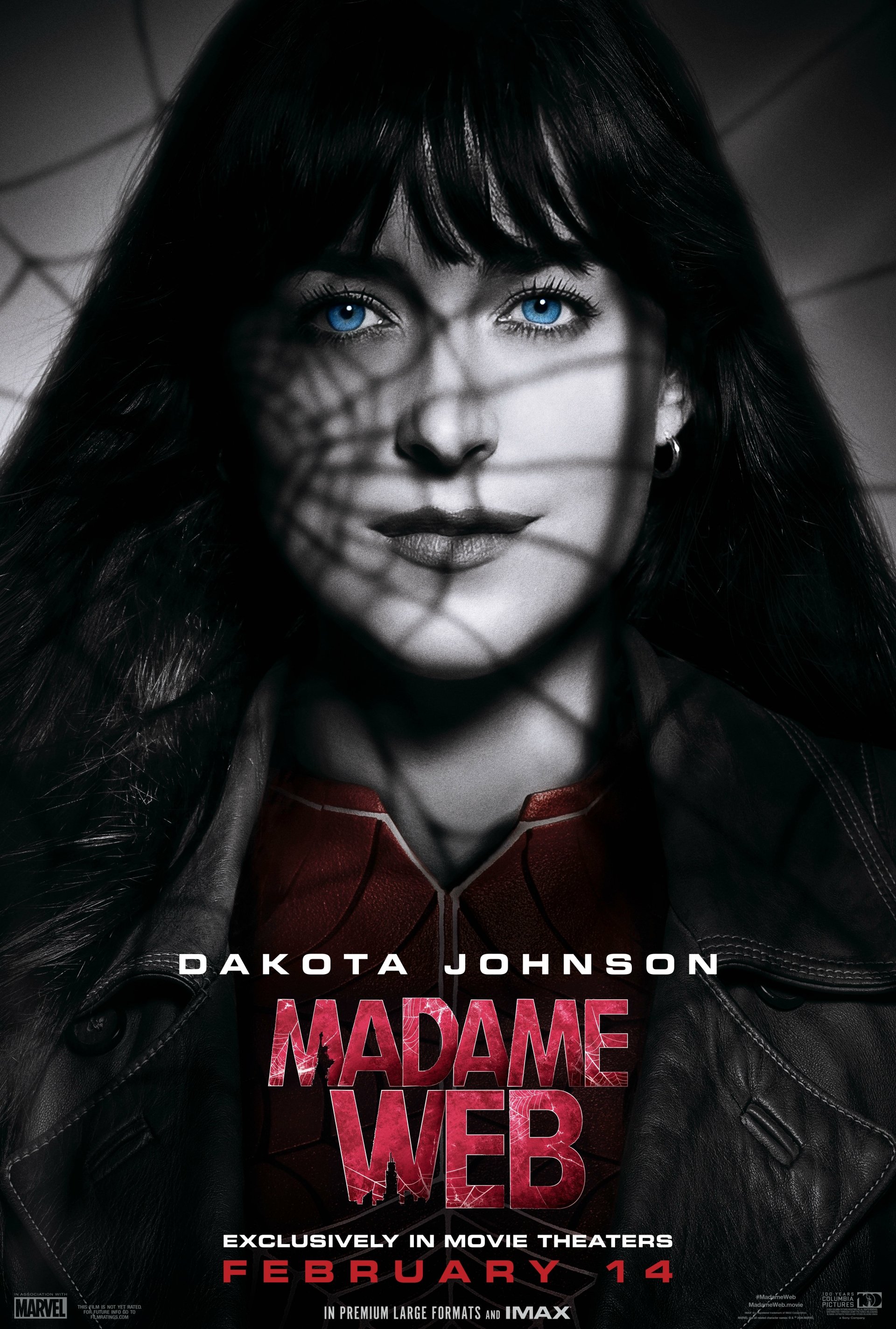 A dramatic phone wallpaper featuring Dakota Johnson in Madame Web, showcasing her intense gaze with a web design overlay. Movie release date: February 14.