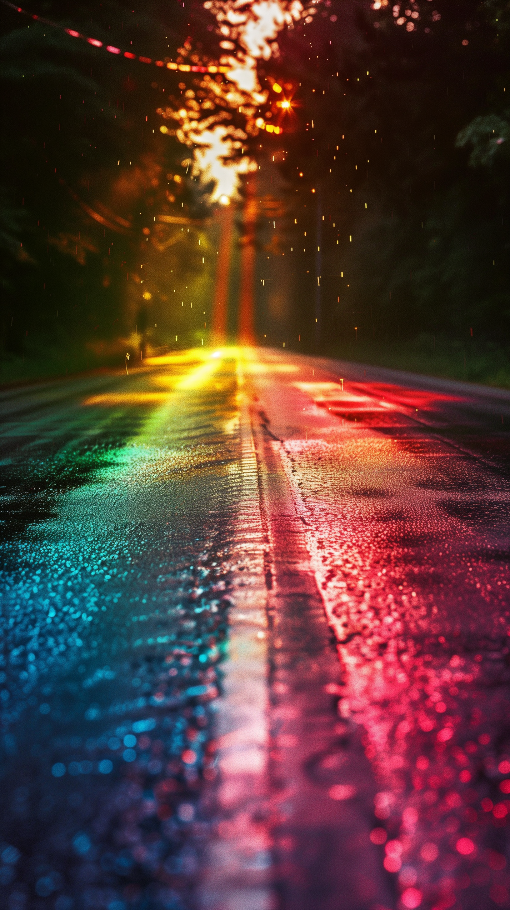 A vibrant light spectrum reflects on a wet road, captured during sunset, creating a stunning phone wallpaper that blends nature and color beautifully.