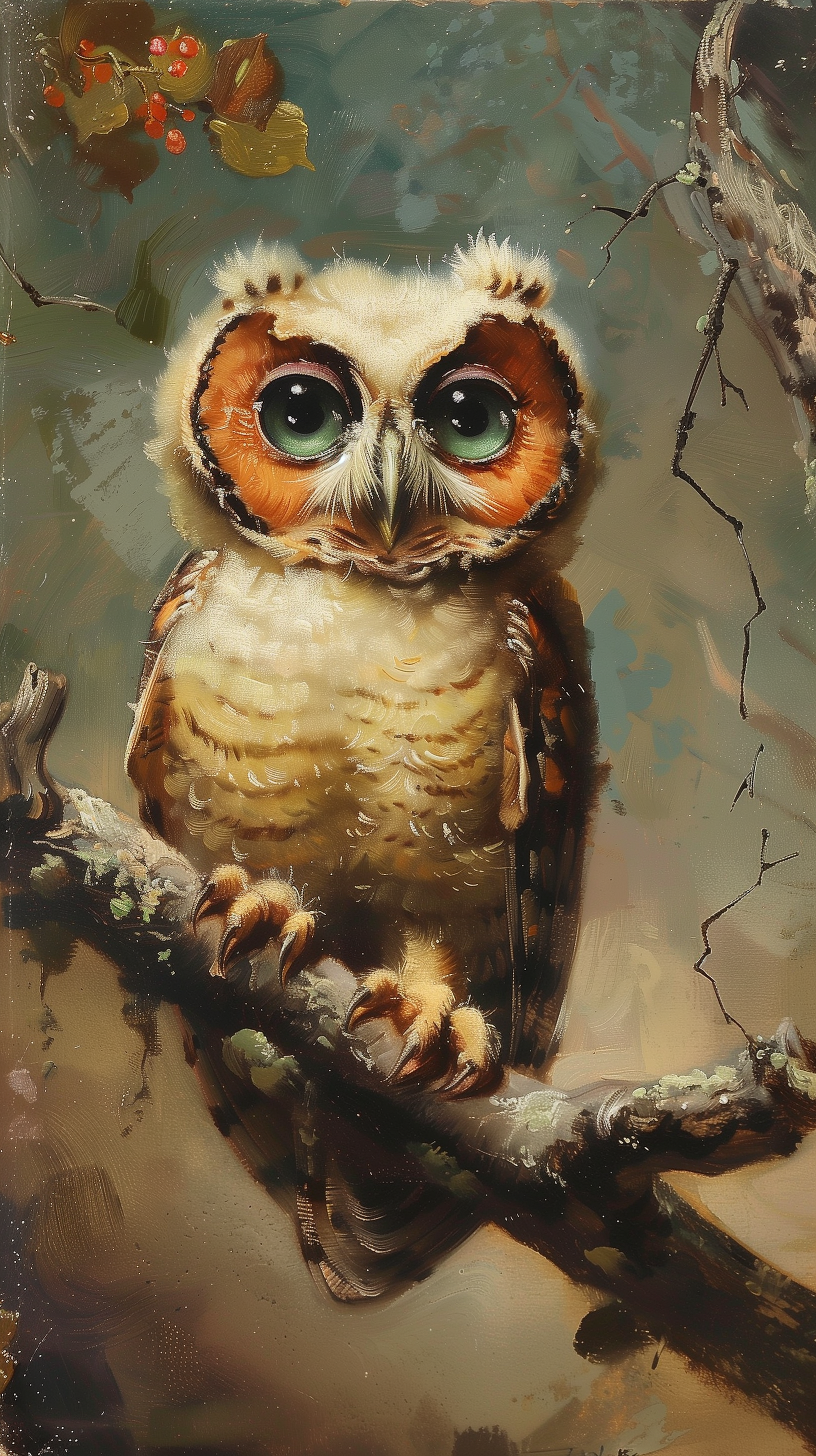 A charming baby owl perched on a branch, with large expressive eyes and warm feathers. This delightful owlet makes for an enchanting phone wallpaper.