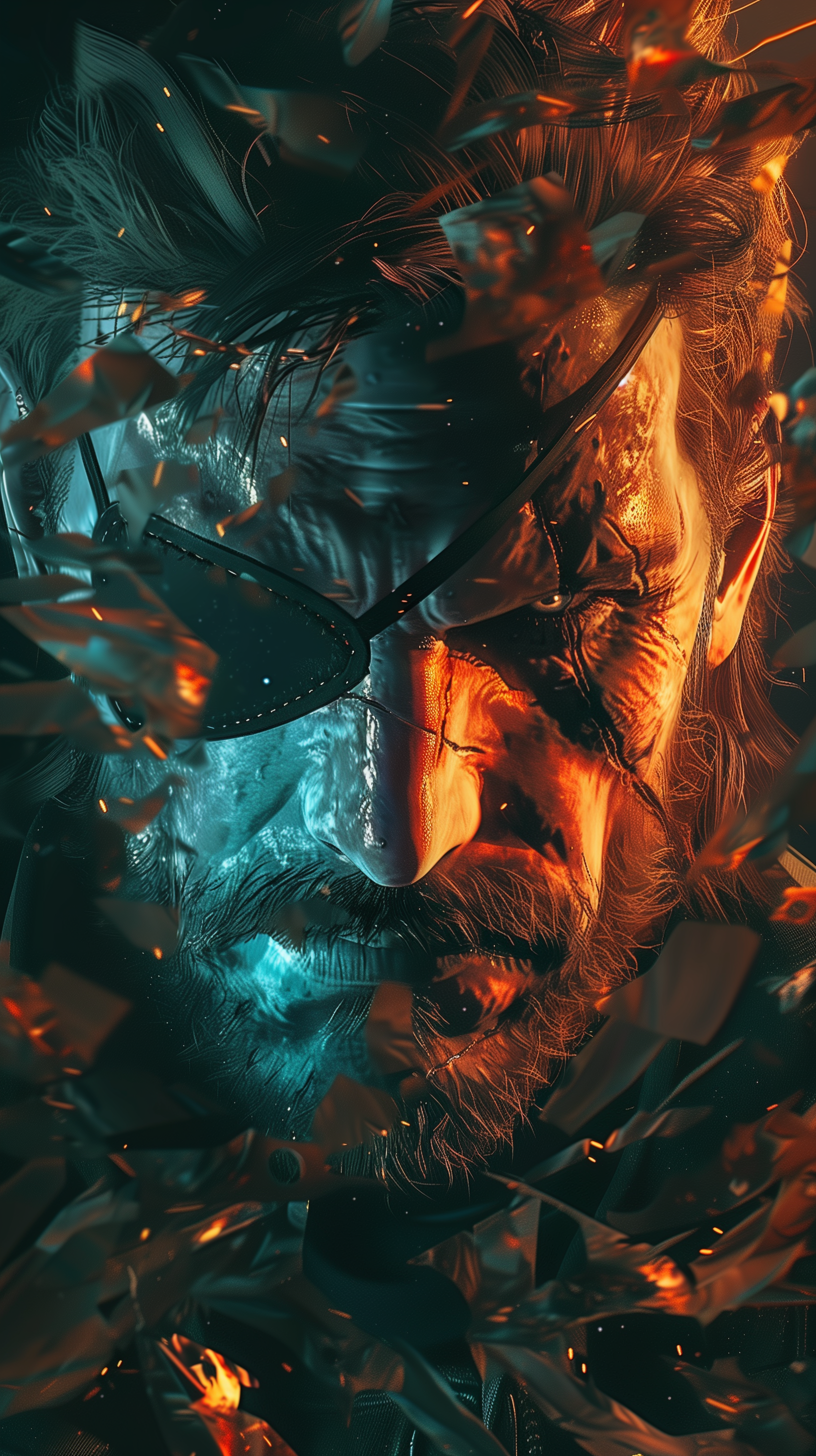 Dynamic Metal Gear fan art featuring a detailed, intense character portrait set against a fiery orange and cool blue fragmented background, optimized for phone wallpaper.