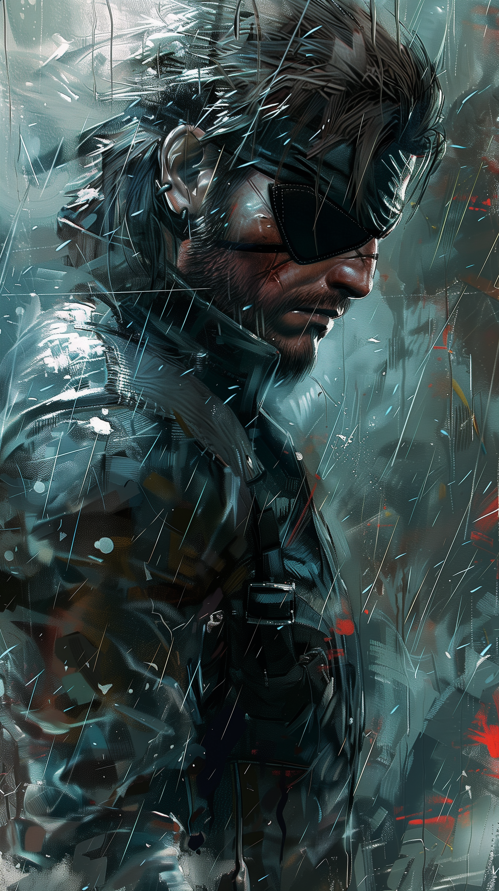 Metal Gear inspired fan art phone wallpaper featuring a detailed illustration of a rugged soldier with an eyepatch.