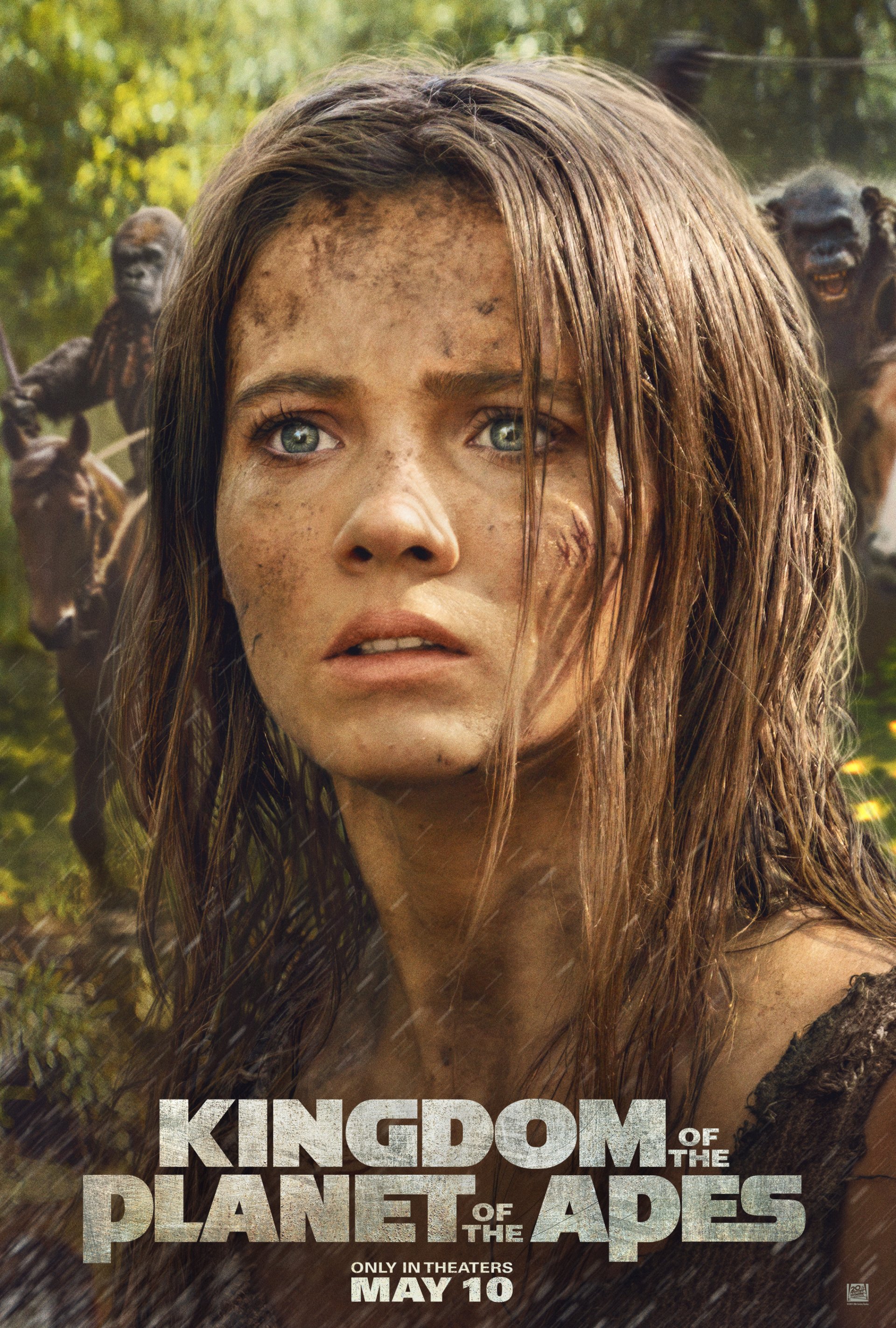A dramatic phone wallpaper from Kingdom of the Planet of the Apes, featuring a close-up of a woman with dirt-smudged skin, surrounded by apes in a lush, wild environment.