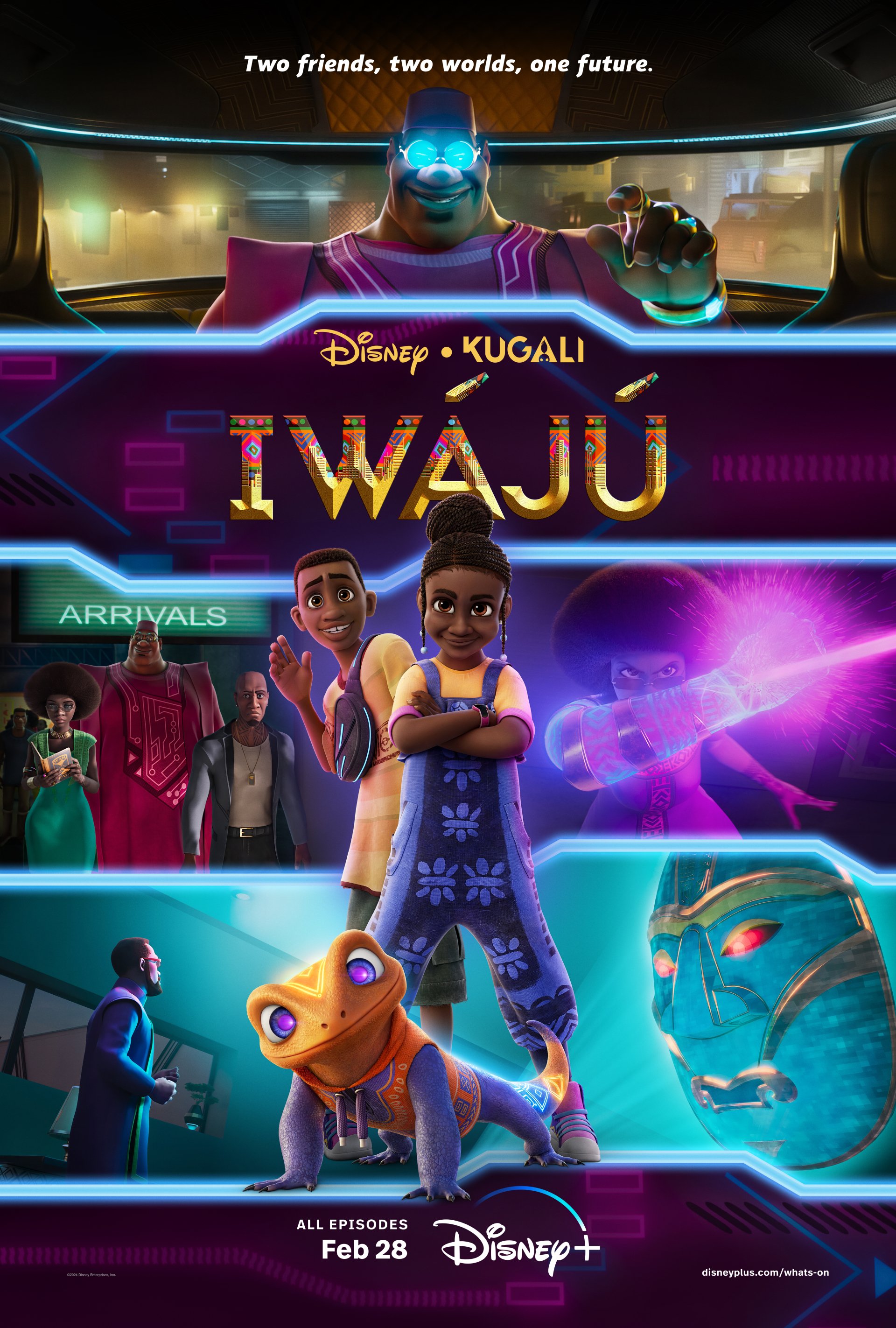 Disney and Kugali's Iwájú TV show wallpaper featuring animated characters, futuristic city backdrop, and text 'Two friends, two worlds, one future.'”