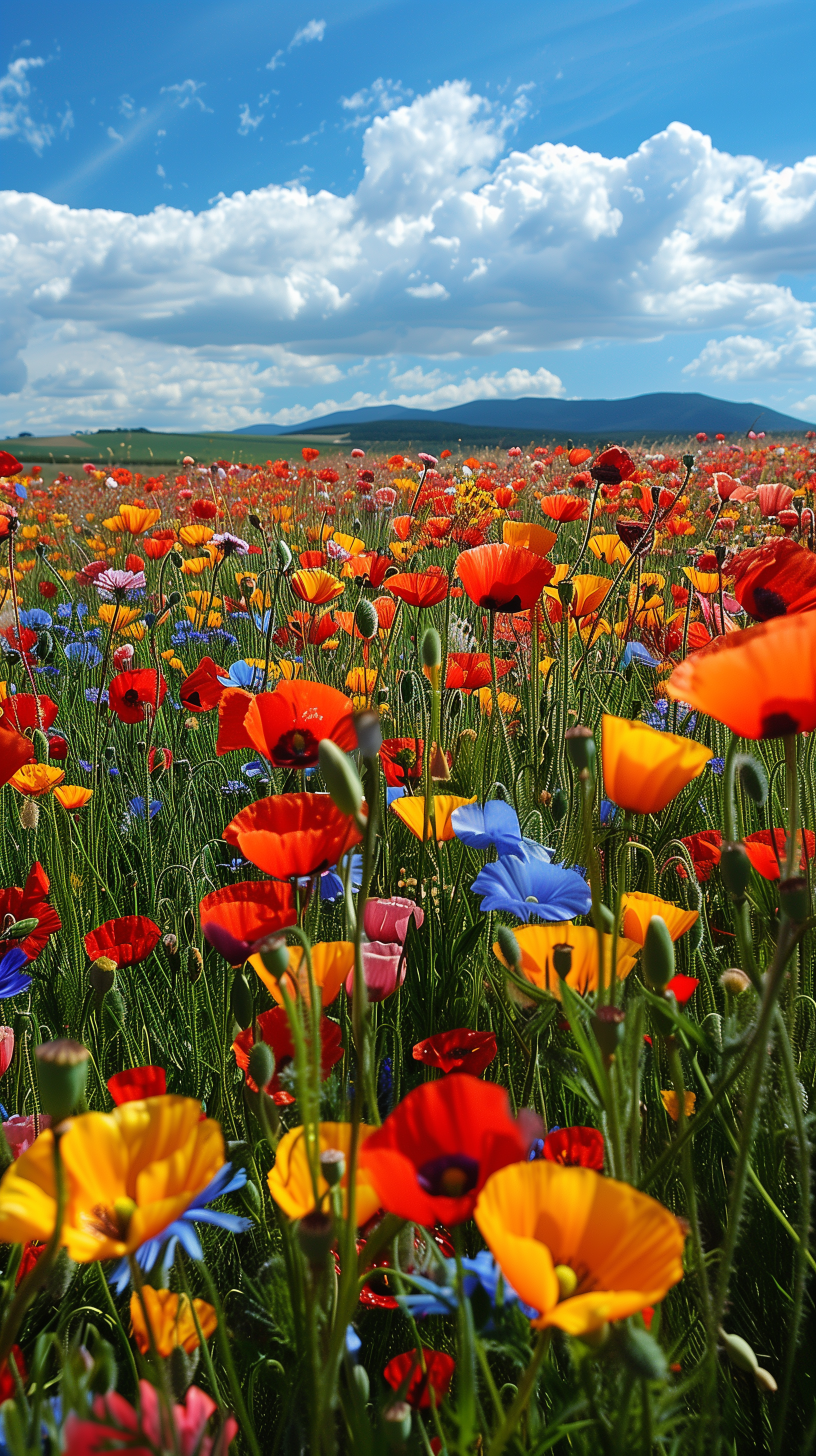A vibrant field of colorful flowers under a sunny sky, filled with red, orange, and blue blooms, creating a cheerful and uplifting phone wallpaper.
