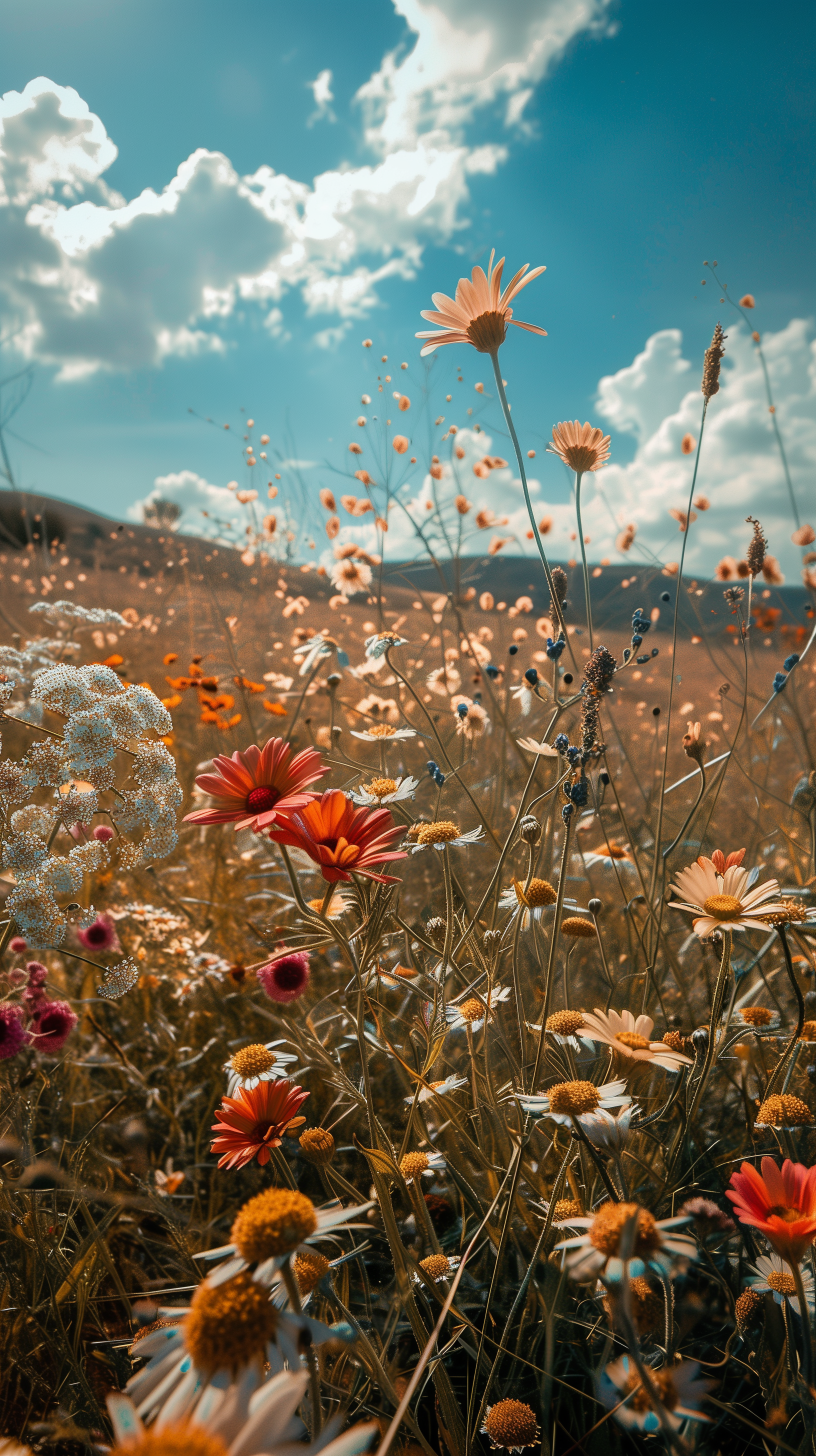 Sunny wildflower meadow phone wallpaper with blue skies and fluffy clouds.