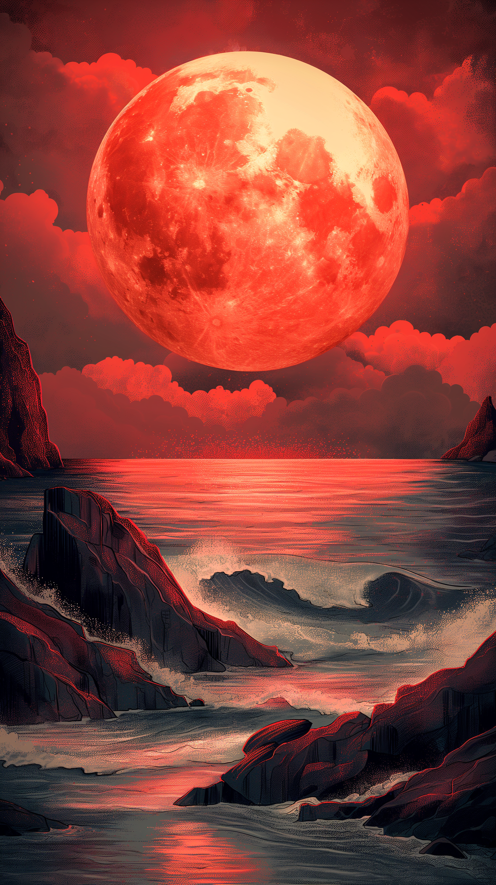 Stunning phone wallpaper featuring a vibrant blood moon illuminating the undulating waves between cliffs.