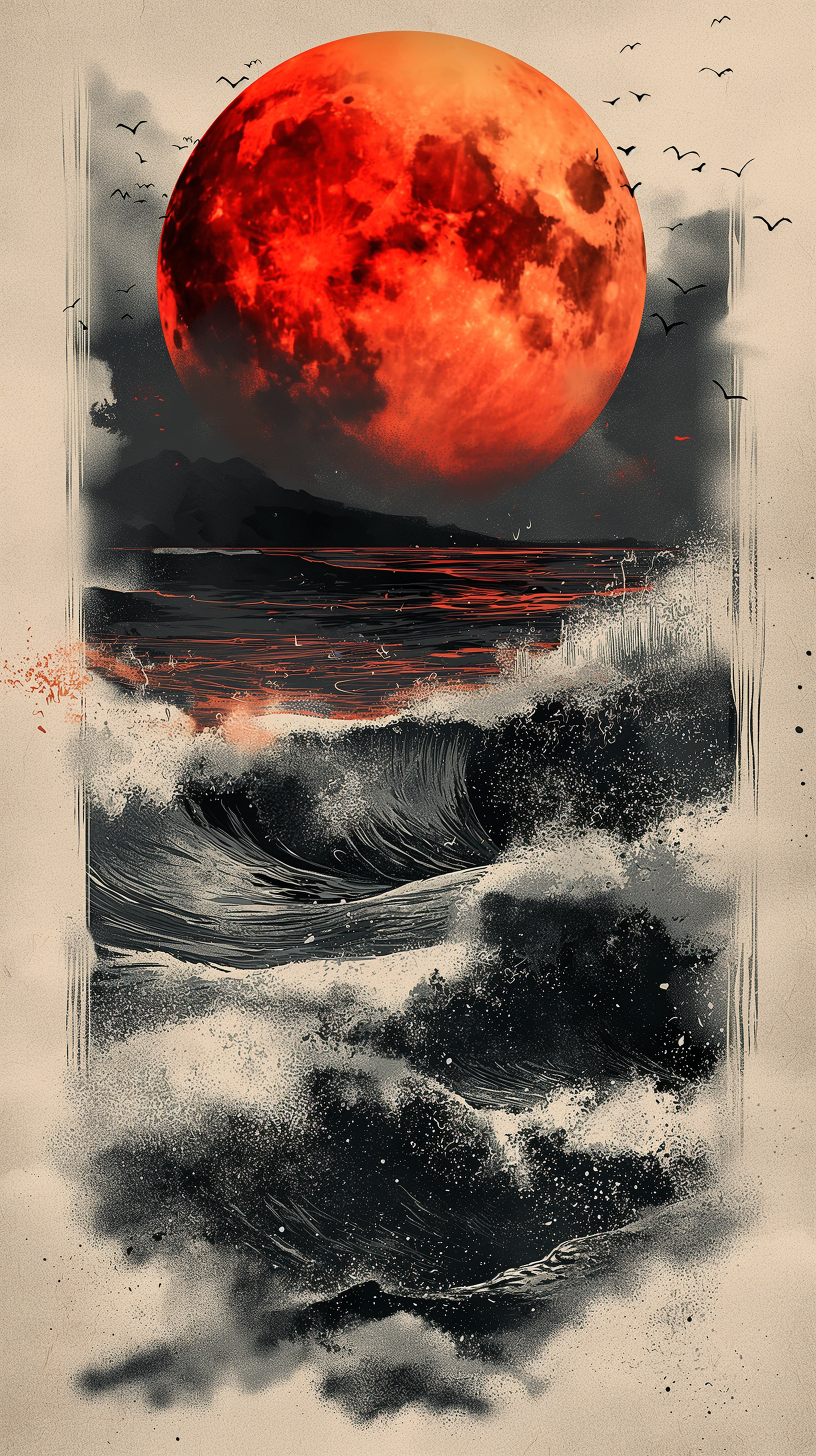 A striking phone wallpaper featuring a blood moon illuminating a turbulent sea, with dark waves crashing beneath a sky filled with silhouettes of birds.