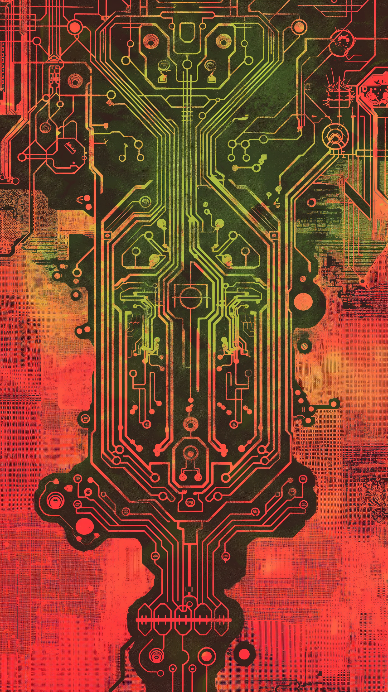 Abstract circuit board design phone wallpaper with a red and green color scheme.