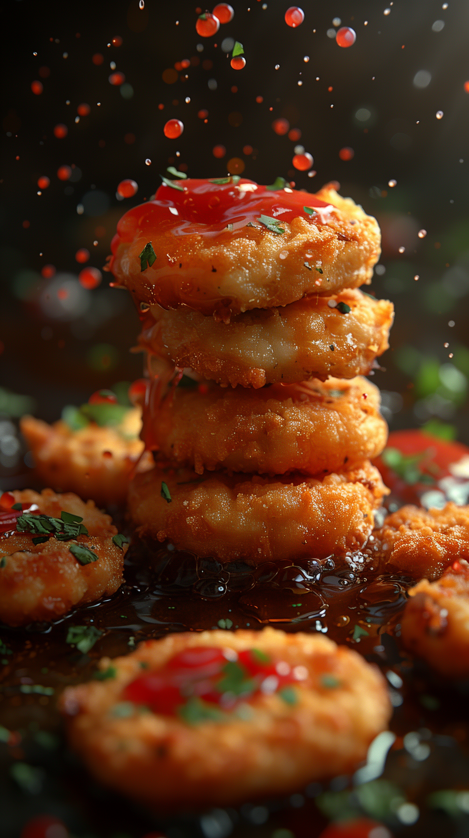 A vertical wallpaper showcasing a delectable stack of chicken nuggets with glistening sauce and sprinkled herbs, set against a dark background with dynamic sauce droplets in mid-air.