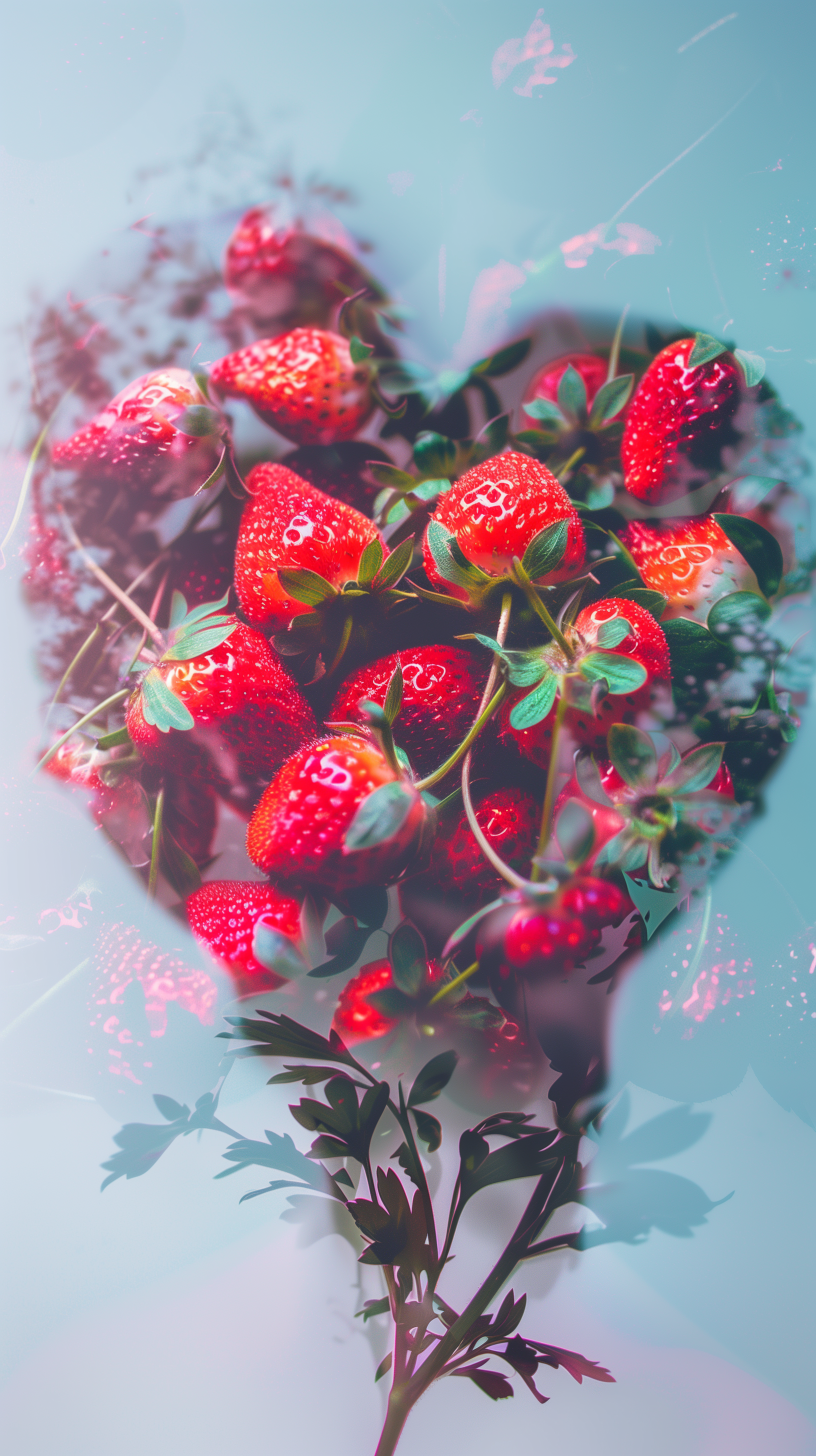 Artistic phone wallpaper featuring a heart-shaped arrangement of strawberries with a soft blue and pink background.