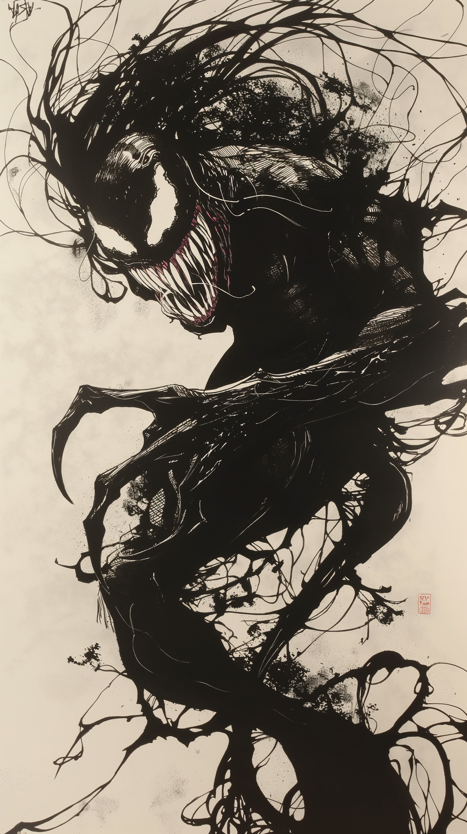 A striking phone wallpaper featuring Venom, depicted with dramatic black ink lines and intense details, showcasing his menacing presence amidst swirling forms.
