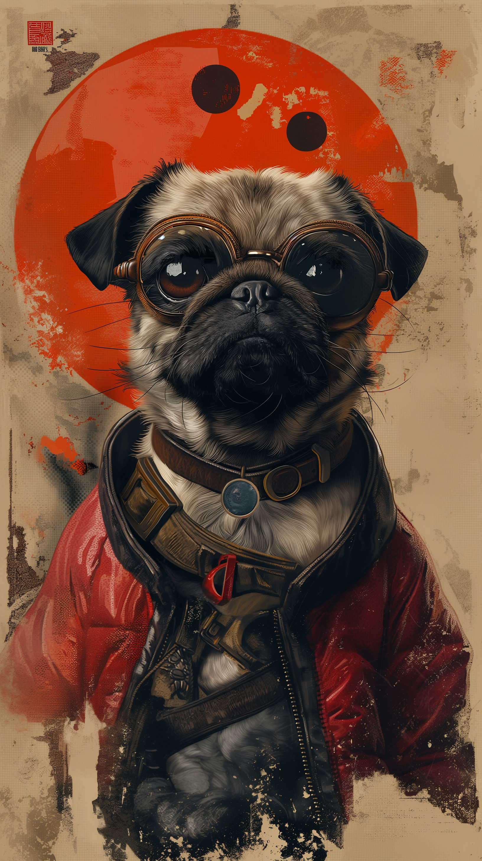 Stylized pug dog phone wallpaper featuring a cute pug in a jacket with a red sun backdrop.